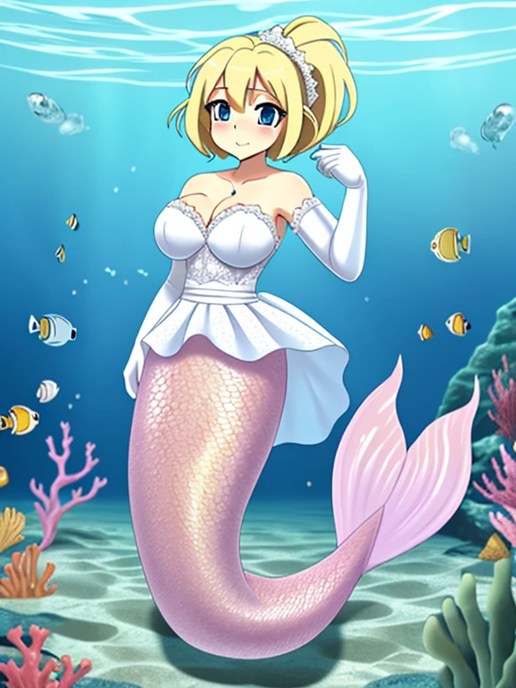 Underwater sea, crossdressing, anime, tall, mature, beauty, large breasts, short hair, blonde hair, blue eyes, long mermaid tail below waistline, red fish scales on skin, wear wedding dress, white dress, cleavage, lace gloves, white gloves, elbow gloves,