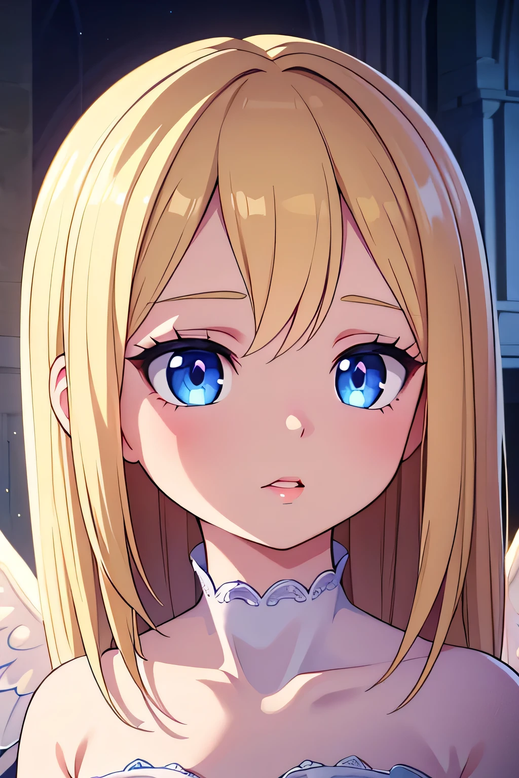 a 14 year old blonde blue-eyed girl with wings, detailed face and eyes, beautiful detailed lips, extremely detailed facial features, delicate skin, long eyelashes, photorealistic, 8k, high quality, cinematic lighting, fantasy art, magical realism, ethereal, glowing, pastel colors, soft lighting