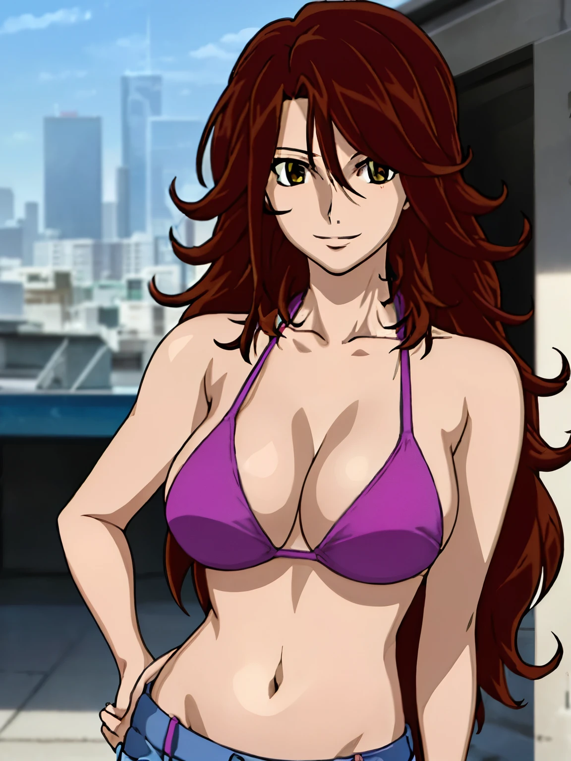 1girl, blunt bangs, very happy, smile, very high resolution, very high quality, cowboy shot, red bikini top, jeans, (brown hair:1.2, very long hair), very long hair, looking at viewer, smile, highly detailed background with titration screen and spot lights, (photo realistic:1.2), very detailed eyes, red eyeshadow, depth of field, (solo:1.2), (cyberpunk city:1.1), cleavage, skinny shoulders, groin, thighs, (finger on lips:1.1),Shiny skin, standing, push up breasts, defined breasts, ( strong arm muscles, pale skin, hands on hips, navel, skinny arms, slim arms, toned arms)