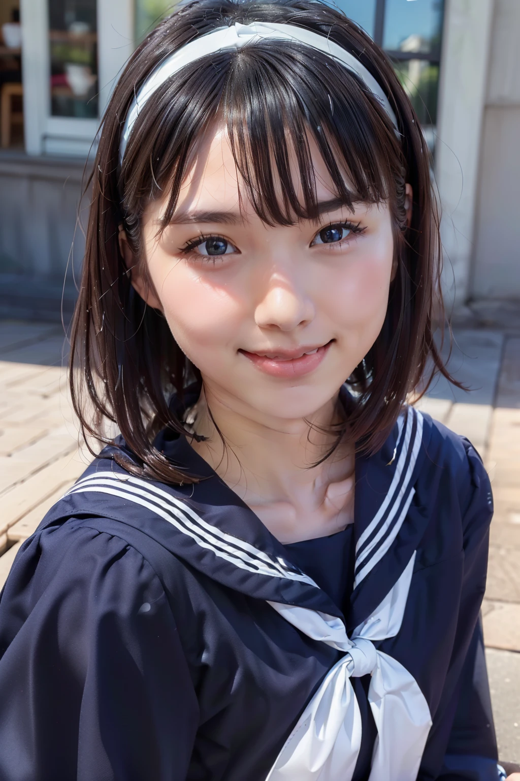 Sailor suit, One Woman, (Beautiful woman, delicate :1.3), Black Hair, Short bobcut, bangs, (8k), (highest quality: 1.2), (Realistic), (Realistic: 1.37), (masterpiece), (Ultra-high resolution), (RAW Photos), (Absolute Resolution), (((face is small compared to body: 1.4))), (((Small face:１.4))), A balanced face, (Small Mouth: 1.4), ((Slim female body: 1.4)), Black Hair, (((long sleeve Sailor suit))), Realistic high school girl, (White headband:1.4), Small breasts, Slanted Eyes, Bright Blue Eyes, (Cafe on the open terrace), smile, Blurred, ((Full Body Shot)), Black Stockings, Black garter belt, Three white lines on the collar of a sailor suit, 