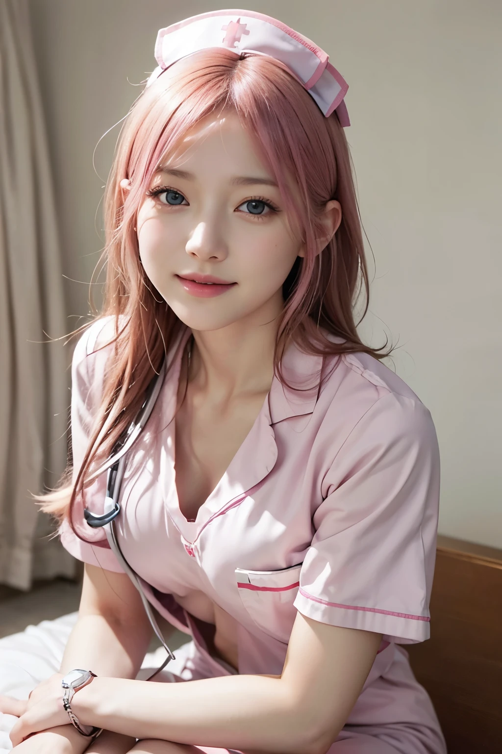 (photo realistic:1.4), (hyper realistic:1.4), (realistic:1.3), (smoother lighting:1.05), (Improve the quality of cinematic lighting:0.9)、natural light、professional photos, realistic portrait,(1 female), (pink hair, long hair), wonderful face and eyes, very cute face, smile, energy, vitality, (real short nurse uniform:1.2), light pink, white, (Nurse uniform with open chest:1.4),  (hospital room), Stethoscope, White Wallpaper, sexy portrait of girl, 