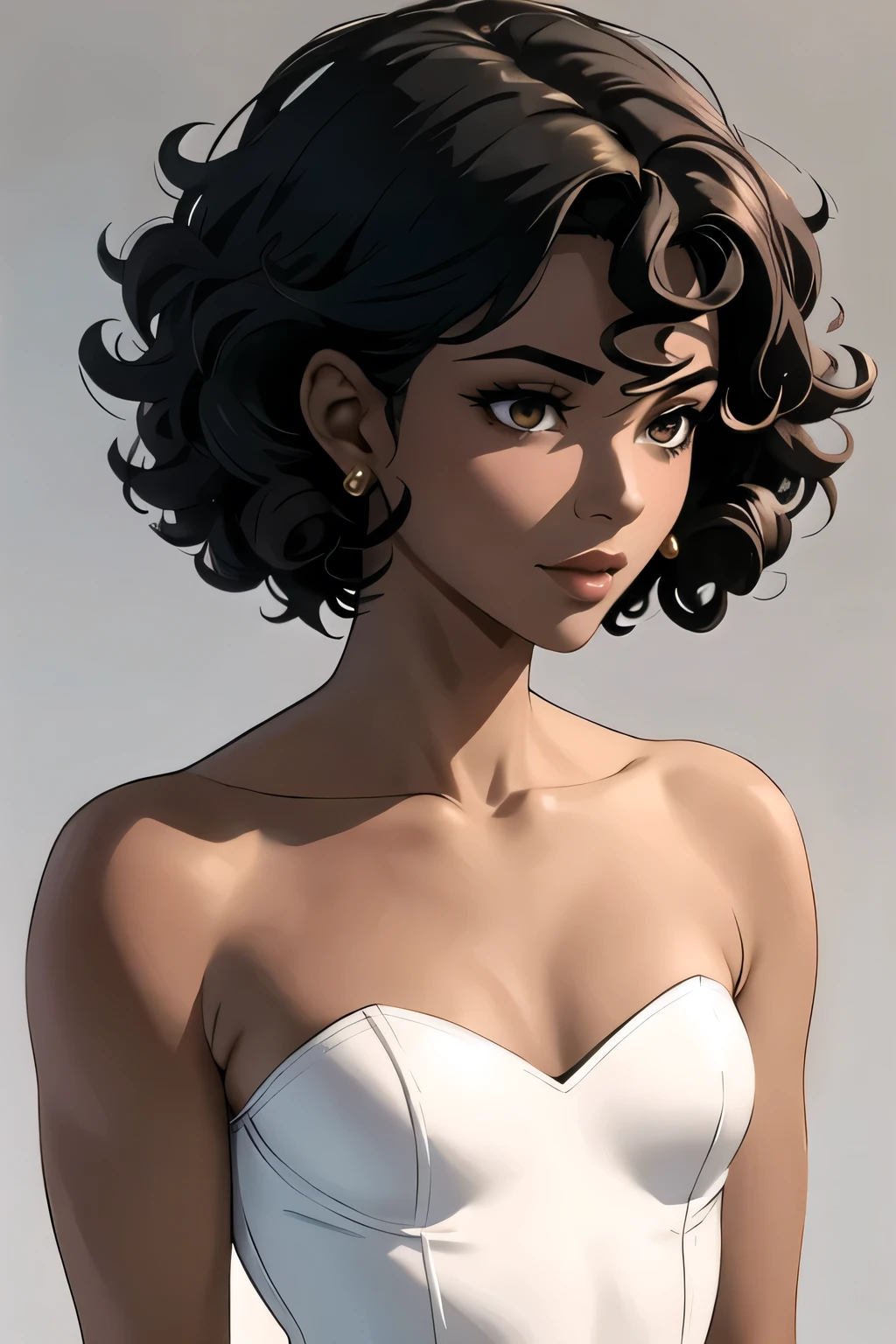 (masterpiece:1.2)

- A woman with dark skin, brown curly hair, slim, slender body, tall, slightly muscular, small breasts, gold eyes, curly hair, dark skin.

-curly hair, layered curly hair, short curly hair.

-slim, tall, slightly muscular, small breasts, flat chest, slender, lean.

-dress in a white strapless bridal gown.

-mature female, adult woman. Mature, adult.

-simple grey background.

- close-up shot. Portrait shot.