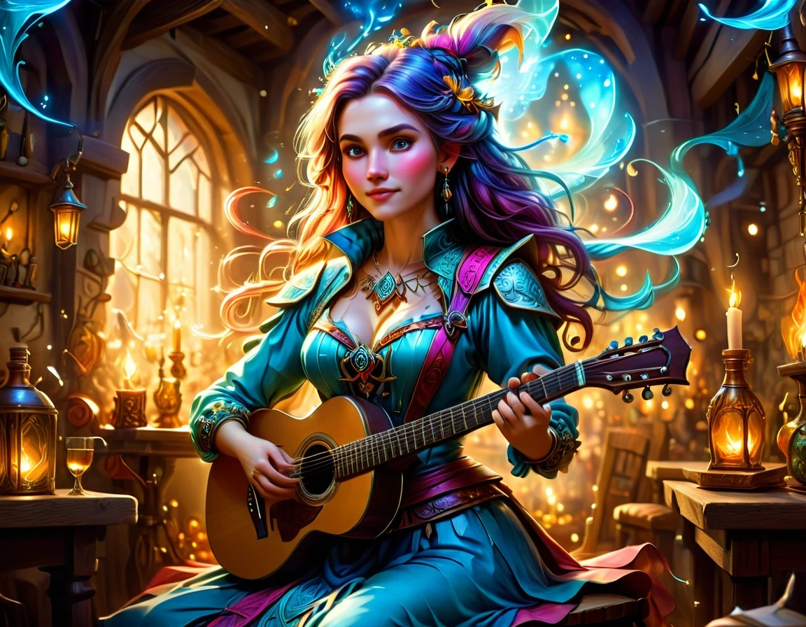high details, best quality, 16k, [ultra detailed], masterpiece, best quality, (extremely detailed), full body, ultra wide shot, photorealistic, RAW, fantasy art, dnd art, fantasy art, realistic art,  an ultra wide, full body, a picture  of a human female  (intricate details, Masterpiece, best quality: 1.5) fantasy bard, fantasy enchanter,  playing a (guitar: 1.5)  and enchanting people in a tavern with magical song, colorful clothes, dynamic clothing, epic beautiful female human ((anatomically correct)) bard (intricate details, Masterpiece, best quality: 1.5), dynamic hair, tavern full of crowd, many people intricate details, Masterpiece, best quality: 1.3), bard playing guitar and enchanting audience (intricate details, Masterpiece, best quality: 1.5), candles light, fantasy chandelier, magical notes, magical runes in the air (intricate details, Masterpiece, best quality: 1.5),Cinematic Hollywood Film style, GlowingRunesAI_paleblue