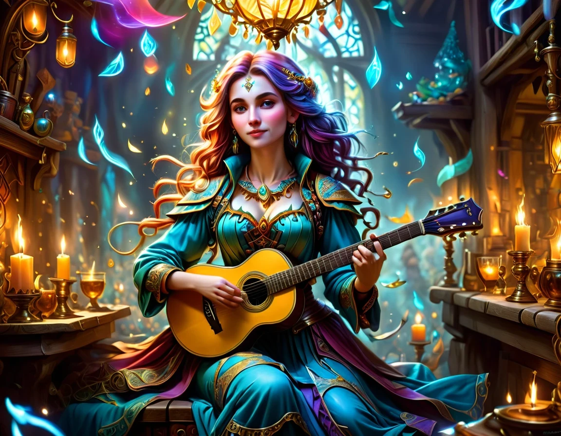 high details, best quality, 16k, [ultra detailed], masterpiece, best quality, (extremely detailed), full body, ultra wide shot, photorealistic, RAW, fantasy art, dnd art, fantasy art, realistic art,  an ultra wide, full body, a picture  of a human female  (intricate details, Masterpiece, best quality: 1.5) fantasy bard, fantasy enchanter,  playing a (guitar: 1.5)  and enchanting people in a tavern with magical song, colorful clothes, dynamic clothing, epic beautiful female human ((anatomically correct)) bard (intricate details, Masterpiece, best quality: 1.5), dynamic hair, tavern full of crowd, many people intricate details, Masterpiece, best quality: 1.3), bard playing guitar and enchanting audience (intricate details, Masterpiece, best quality: 1.5), candles light, fantasy chandelier, magical notes, magical runes in the air (intricate details, Masterpiece, best quality: 1.5),Cinematic Hollywood Film style, GlowingRunesAI_paleblue