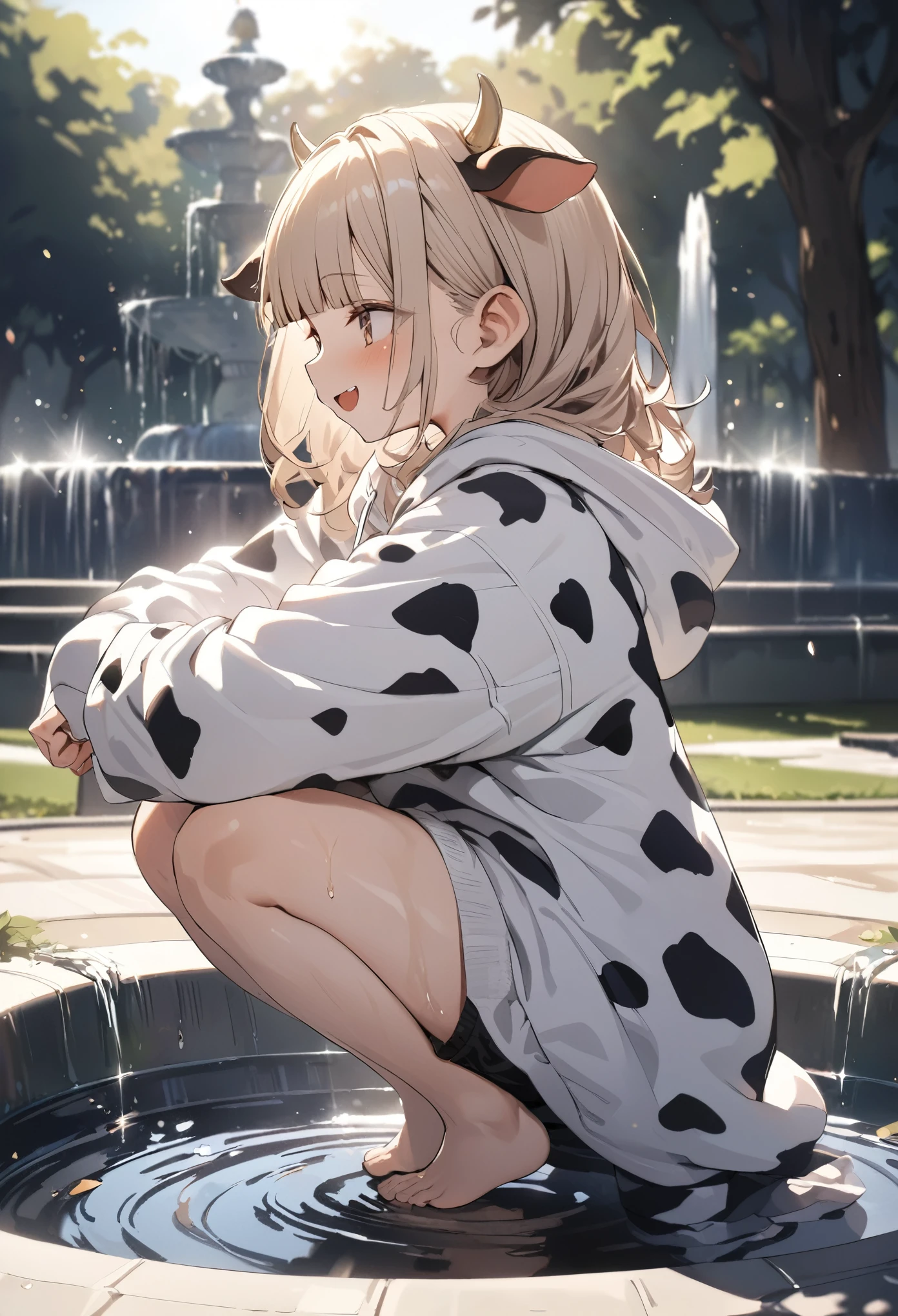 ((Masterpiece)), ((best quality)), (Anime:1.4), (super detail:1.2), (High Definition:1.3), (Professional Photography:1.3), (wide shot), (sharp focus), (perfect light), ((12 years old)), 1girl, profile, ((wearing Cow-patterned oversized hoodie)), fluffy shorts, cinematic lighting, Textured skin, messy hair, (loose blunt bangs), teenage girl, Healthy stomach, (Healthy slim body), small breasts, cute eyes, ((naughty face)), (open mouth), (put on cow ears), pale brown hair, Cute Beautiful girl, Thin accessories, ((Squatting)), (In the park fountain)