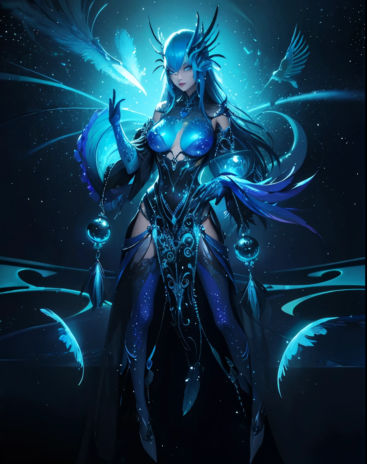 (high-res, vivid colors), blue bird alien, detailed feathers, sparkling eyes, alien landscape, vibrant colors, surreal atmosphere, glowing lights, otherworldly features, intricate patterns, dreamlike scenery