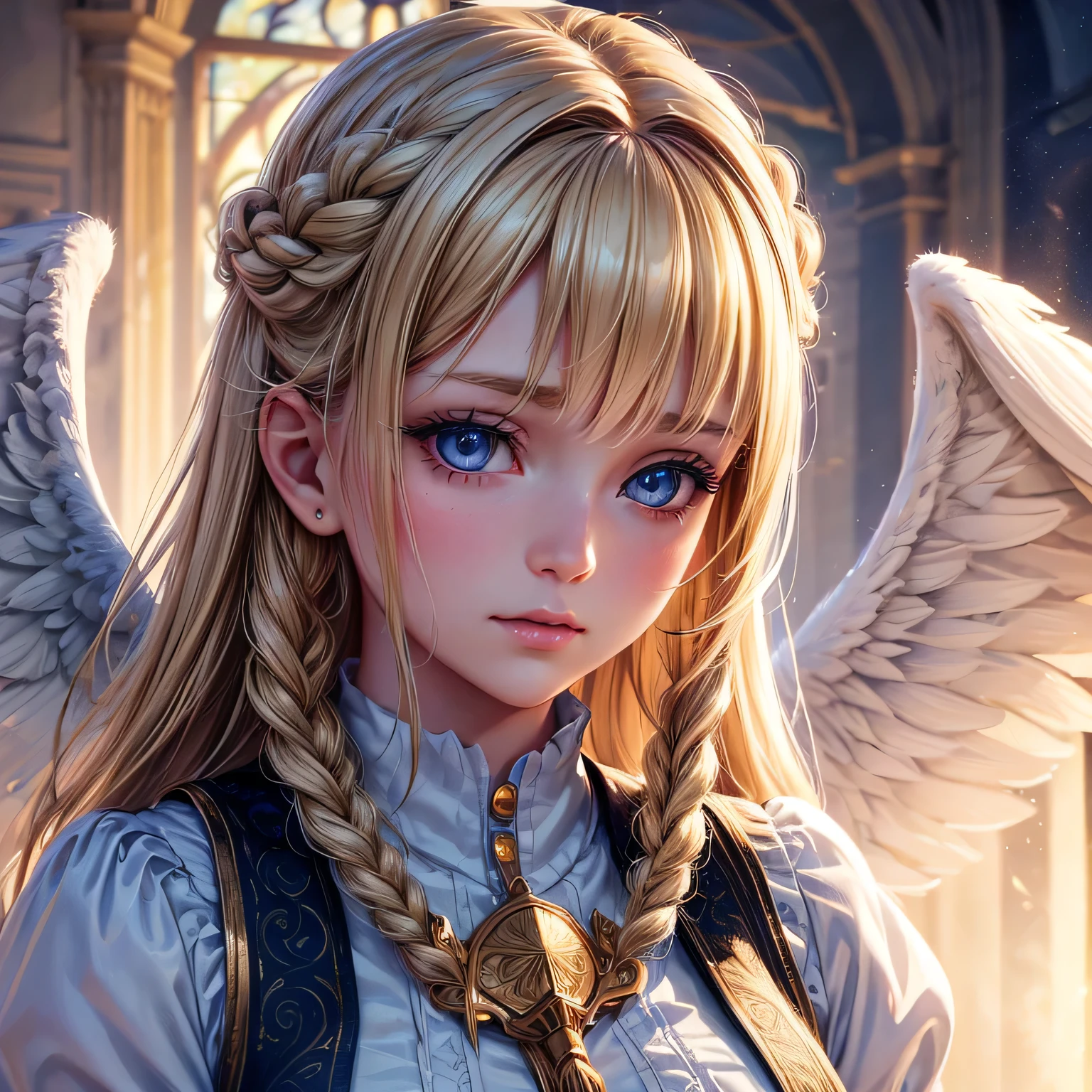 14 year old girl, blonde hair in braids, soft pretty face, blue eyes, long eye lashes, beautiful angelic wings, with majestic wings, feminine teenage angel, serene expression, wings open wide, school in the background, (best quality,4k,8k,highres,masterpiece:1.2),ultra-detailed,(realistic,photorealistic,photo-realistic:1.37),highly detailed face and eyes,extremely detailed eyes and face,longeyelashes,intricate angel wings,soft lighting,cinematic lighting,warm color tones,muted colors,fantasy,ethereal,angelic,digital art,illustration
