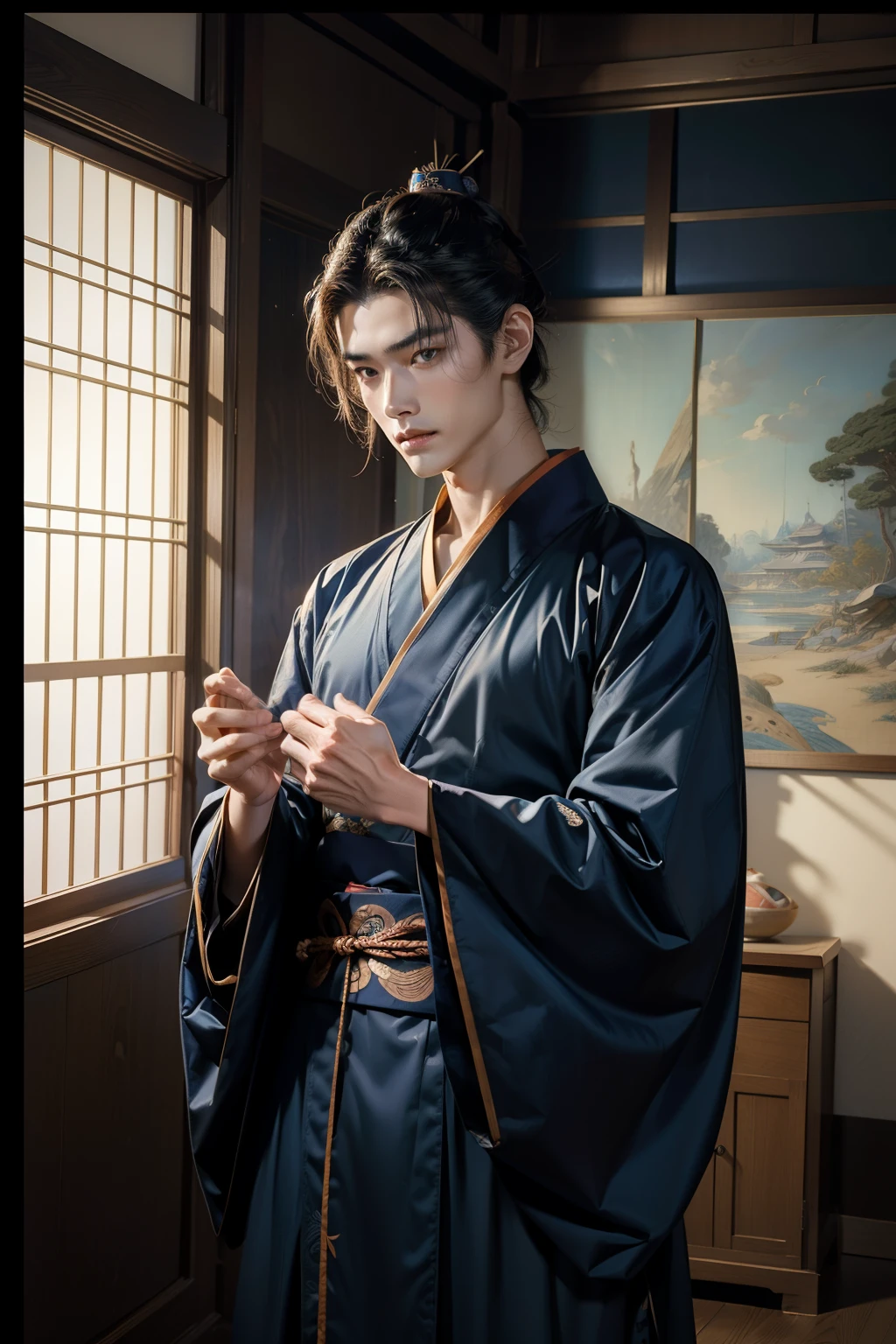 Yoshitoshi Tsukioka、Man in hanfu, man in kimono, thin and tall, Beautiful and amazing face、((hightquality、8k、​masterpiece:1.3)), in a plain room, flawless,full color, navy blue clothes,beautiful boy,by the ouga,