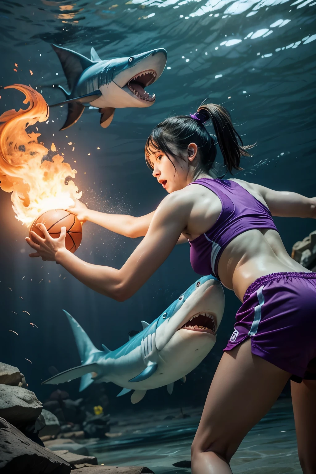 Purple shrimp on fire playing basketball in the water against blue bananas with shark tail