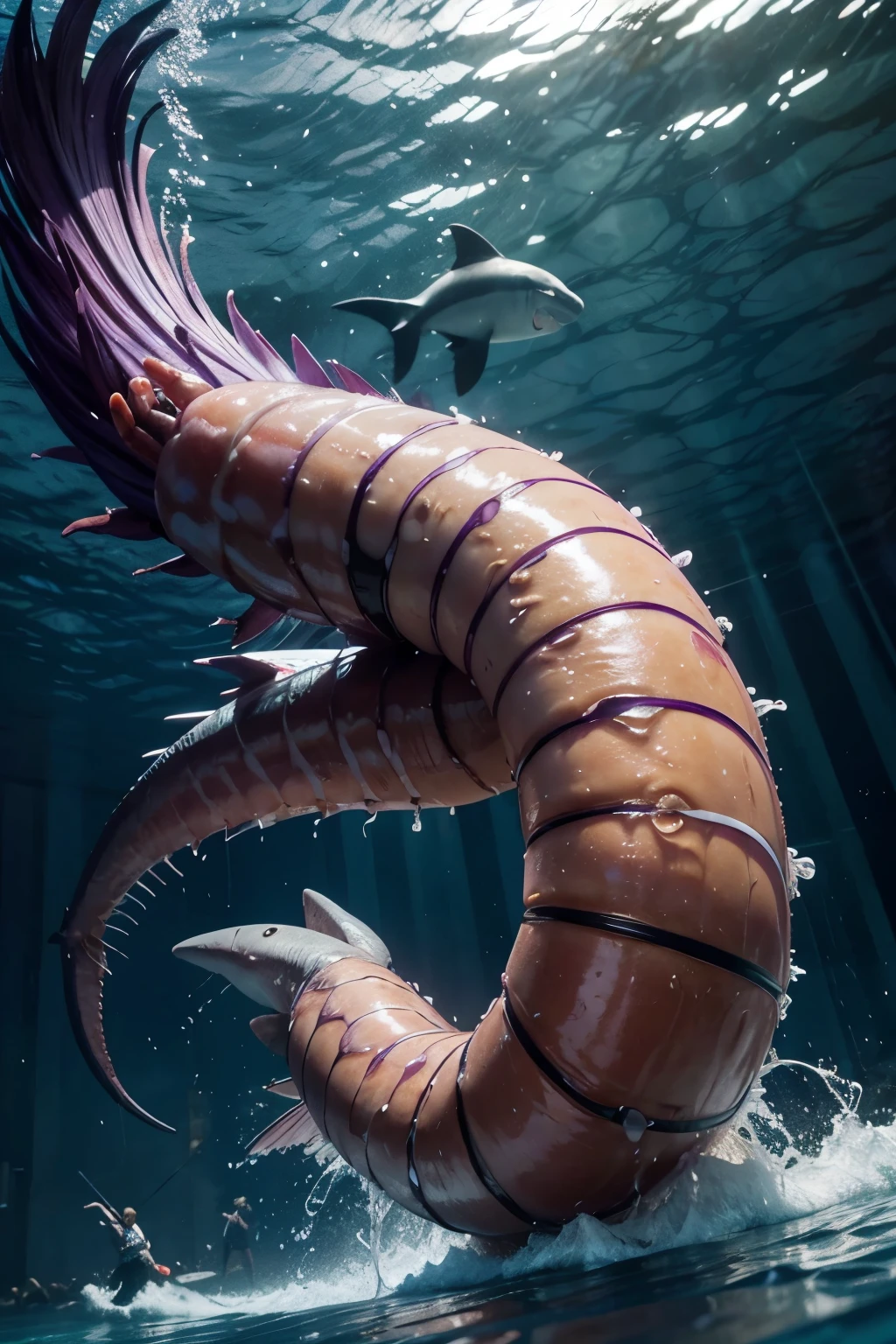 Purple shrimp on fire playing basketball in the water against blue bananas with shark tail