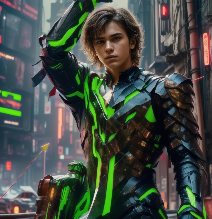 (ultra realistic,32k, masterpiece:1.2, UHD),(high detailed skin:1.1),( high quality:1.1), 1 boy, brown short raw cut hairs, brown eyes, green techno fantasy armor, cyberpunk, techno fantasy bow with ((energy bow arch)),((energy arrows)), caucasian race, light decourations, 18 years old 