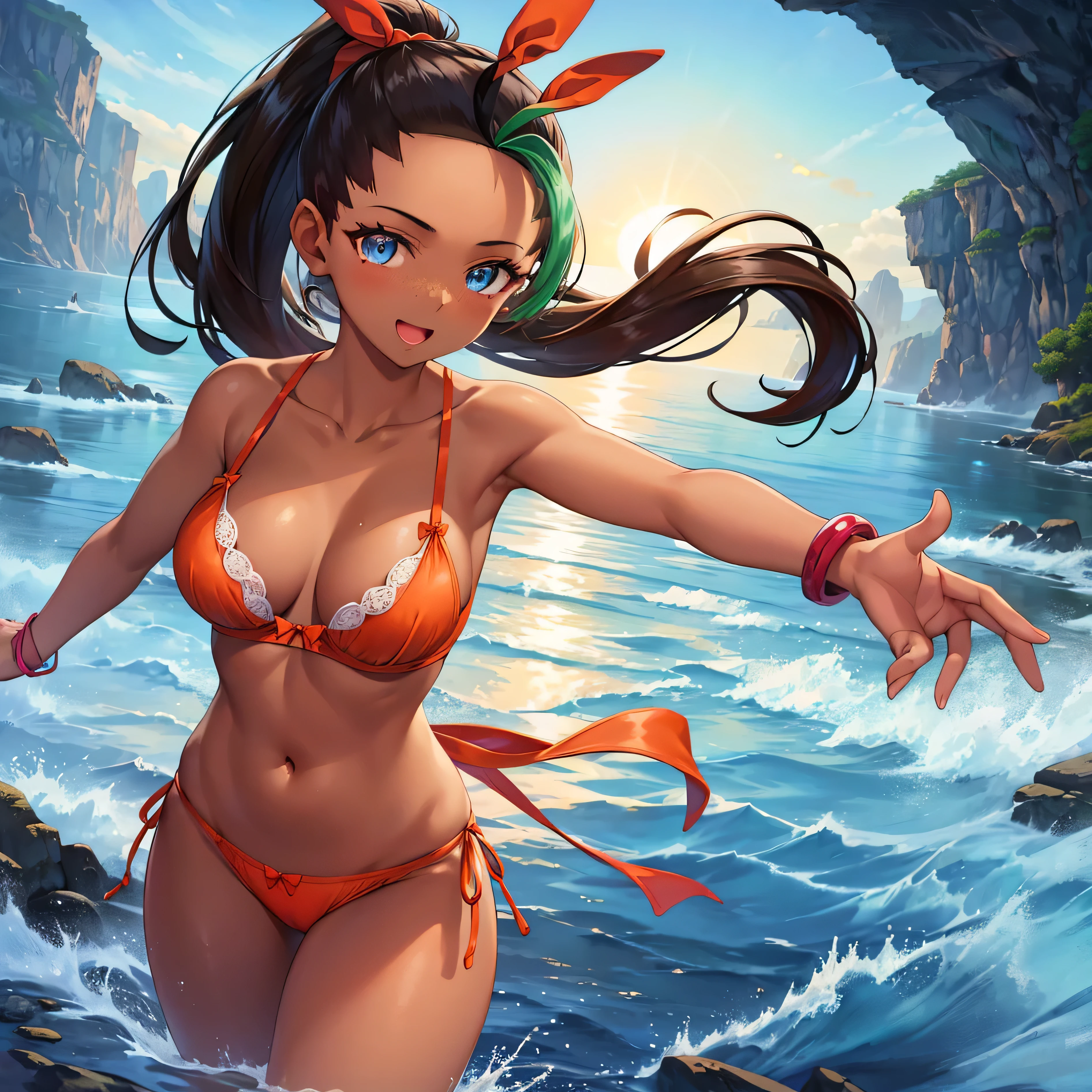 (masterpiece:1.2), (best quality), (ultra detailed), (8k, 4k, intricate),(full-body-shot:1), (highly detailed:1.2),(detailed face:1.2), (detailed background),detailed landscape, ((portrait)), (dynamic pose:1.2) nemona, 1girl, (dark skin, dark-skinned female:1.5), ponytail, long hair, freckles, 1girl, ((solo)), breasts, looking at viewer, smile, open mouth, blue eyes, brown hair, shirt, ribbon, jewelry, medium breasts, orange bra, orange panties, nsfw, collarbone, hair ribbon, cowboy shot, hairband, bracelet, red ribbon, hand on hip, index finger raised, poke ball, poke ball (basic), bow hairband,