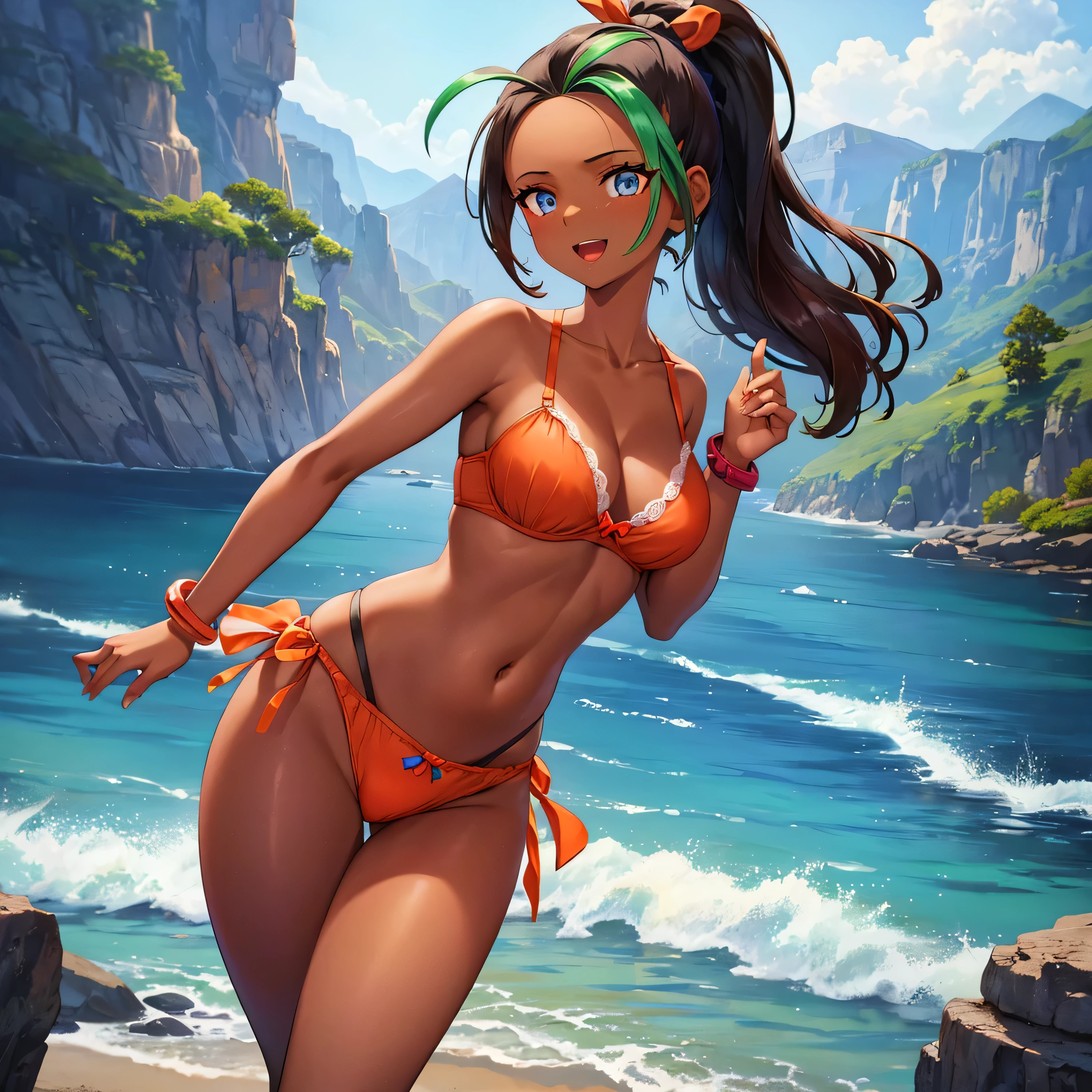 (masterpiece:1.2), (best quality), (ultra detailed), (8k, 4k, intricate),(full-body-shot:1), (highly detailed:1.2),(detailed face:1.2), (detailed background),detailed landscape, ((portrait)), (dynamic pose:1.2) nemona, 1girl, (dark skin, dark-skinned female:1.5), ponytail, long hair, freckles, 1girl, ((solo)), breasts, looking at viewer, smile, open mouth, blue eyes, brown hair, shirt, ribbon, jewelry, medium breasts, orange bra, orange panties, nsfw, collarbone, hair ribbon, cowboy shot, hairband, bracelet, red ribbon, hand on hip, index finger raised, poke ball, poke ball (basic), bow hairband,