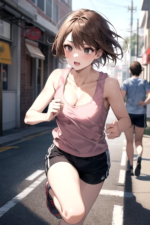 （Masterpiece、high quality、high resolution）1 Girl、Brown Hair、Tank top、Shorts、Cleavage、running、In town、Sweat