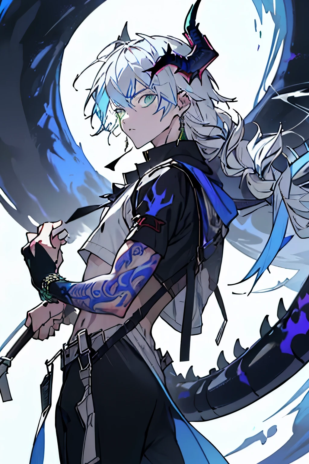 an anime man 1.80 tall (long silver hair) with (green eyes) with (a scar on his forehead in x) and (several tattoos on his body with a blue color but the most striking is one that resembles a dragon in your back) 

clothes (he wears a torn cloak and a chest piece together and shoulder pads made of old plates with a symbol of two dragons)

your weapon (it's a bow made of black steel with blue runes that attach to a blue stone in the middle of the bow)