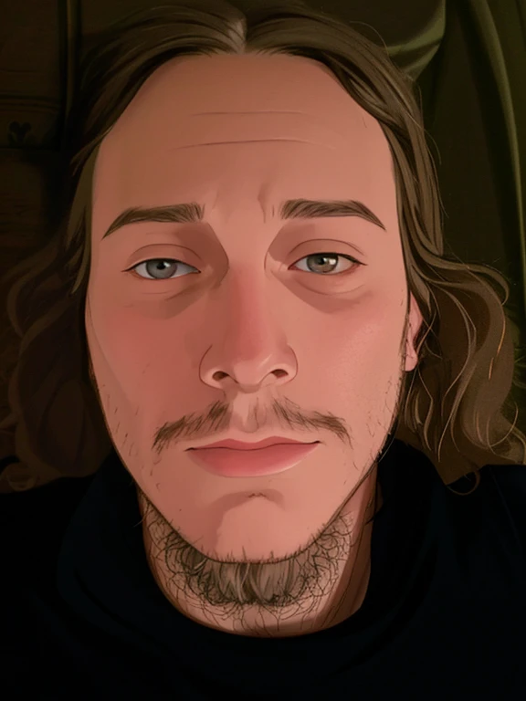 arafed man with long hair and beard laying on a bed, centered face shot, portrait of Travis Glenn Mask, 8k selfie photograph, stable diffusion self portrait, looking straight into camera, eerie self - portrait, full - face close - up portrait, 30 year old man, looking down on the camera, blank stare, front facing the camera