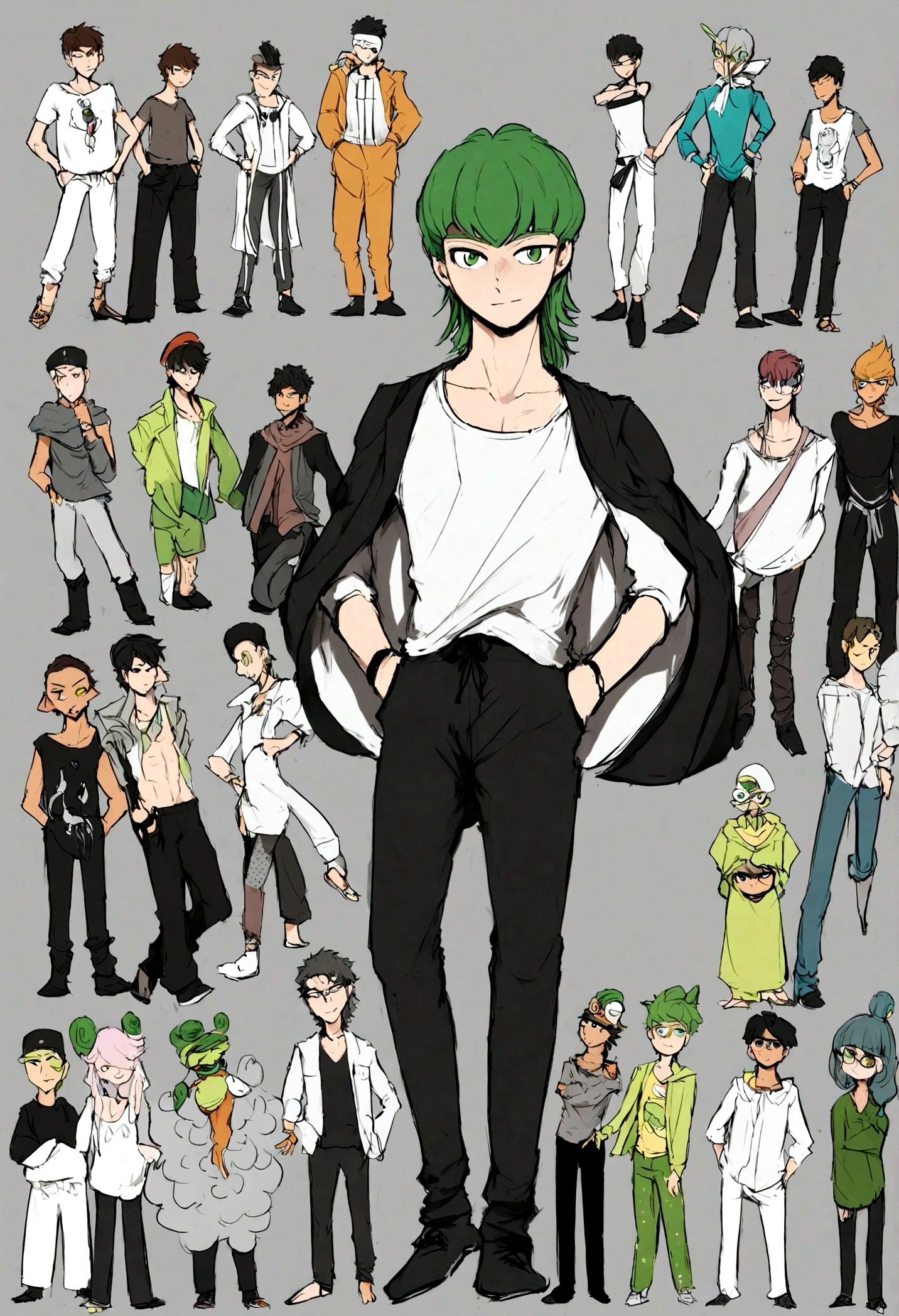((homem)) 20 anos, esbelto, casual, olhos verdes, cabelo preso em coque, pela clara, camiseta branca regata, (arms exposed),black sweatpants, hands in pockets, pose elegante, postura, rosto casual neutro. bonito, belo, rosto triangular, masculino.