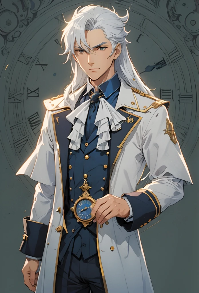 anime character with white hair and blue uniform holding a clock, casimir art, delicate androgynous prince, beautiful androgynous prince, detailed anime character art, shigenori soejima illustration, key anime art, official character art, detailed key anime art, official character illustration, dignified aristocrat, portrait of fin wildcloak, ( ( character concept art ) )