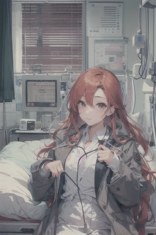 1 girl, Redhead, Facial hair, Red eyes, 8k, masterpiece, sexy、erotic、High Contrast、cute、hospital、Hospital room、doctor'coat、Half naked