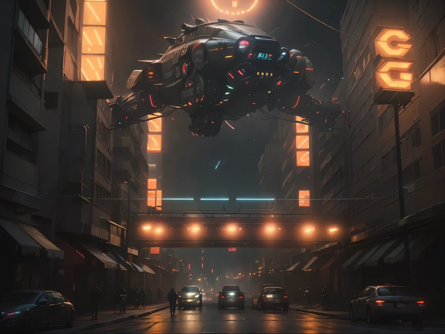Cyberpunk Blade Runner cityscape street scene with towering skyscrapers, ((glowing neon signs)) and LED lights, traffic with (futuristic cyberpunk cars) and ((flying cars in the sky far above)), bright colors contrasting with dark atmosphere, (cinematic lighting), extremely detailed.