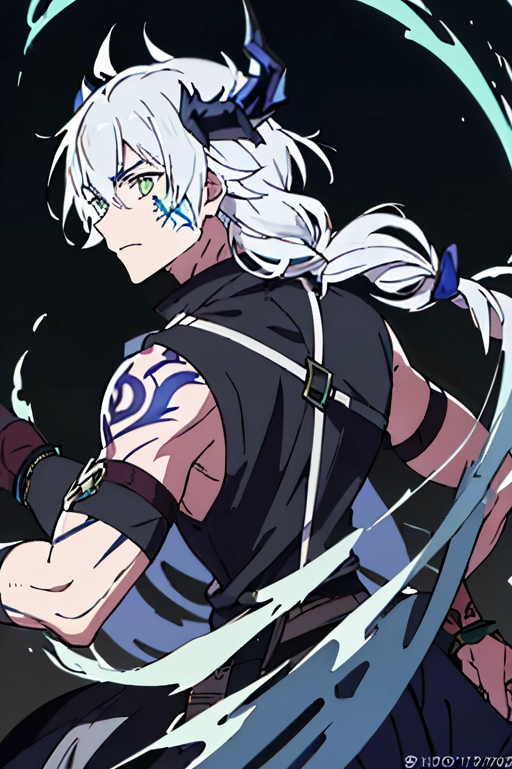 an anime man 1.80 tall (long silver hair) with (green eyes) with (a scar on his forehead in x) and (several tattoos on his body with a blue color but the most striking is one that resembles a dragon in your back) 

clothes (he wears a torn cloak and a chest piece together and shoulder pads made of old plates with a symbol of two dragons)

your weapon (it's a bow made of black steel with blue runes that attach to a blue stone in the middle of the bow)