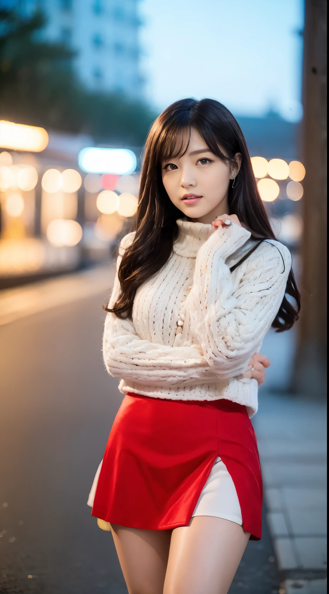 detailed,Clear lines,highest quality, masterpiece,Bright and dark light,sunset、Canon Photo Crystal Clear ,（Realistically:1.2）, (Red Casual Mini Skirt Dress)、Action pose、Take a full body photo,A sloppy smile、Glamour body type、Medium Long Hair、tunnel