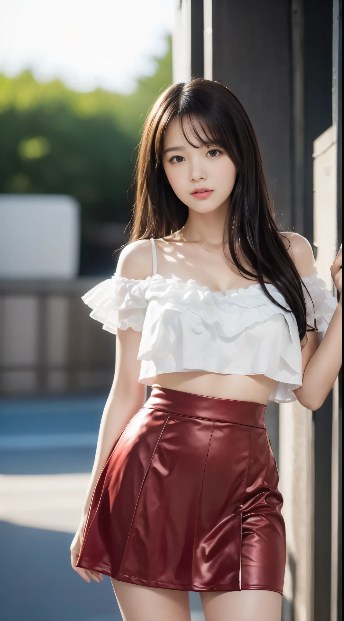 detailed,Clear lines,highest quality, masterpiece,Bright and dark light,sunset、Canon Photo Crystal Clear ,（Realistically:1.2）, (Red Casual Mini Skirt Dress)、Action pose、Take a full body photo,A sloppy smile、Glamour body type、Medium Long Hair、tunnel