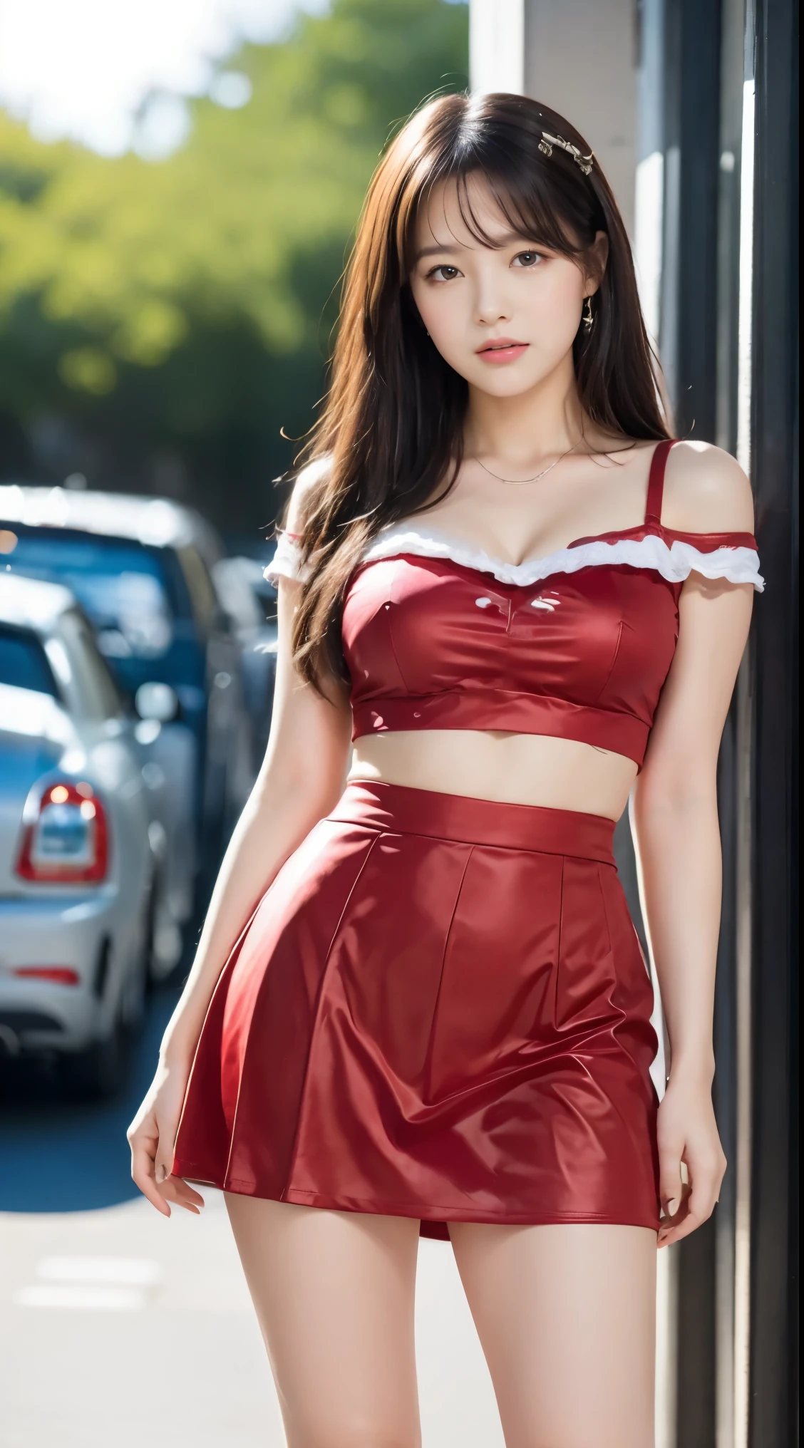 detailed,Clear lines,highest quality, masterpiece,Bright and dark light,sunset、Canon Photo Crystal Clear ,（Realistically:1.2）, (Red Casual Mini Skirt Dress)、Action pose、Take a full body photo,A sloppy smile、Glamour body type、Medium Long Hair、tunnel