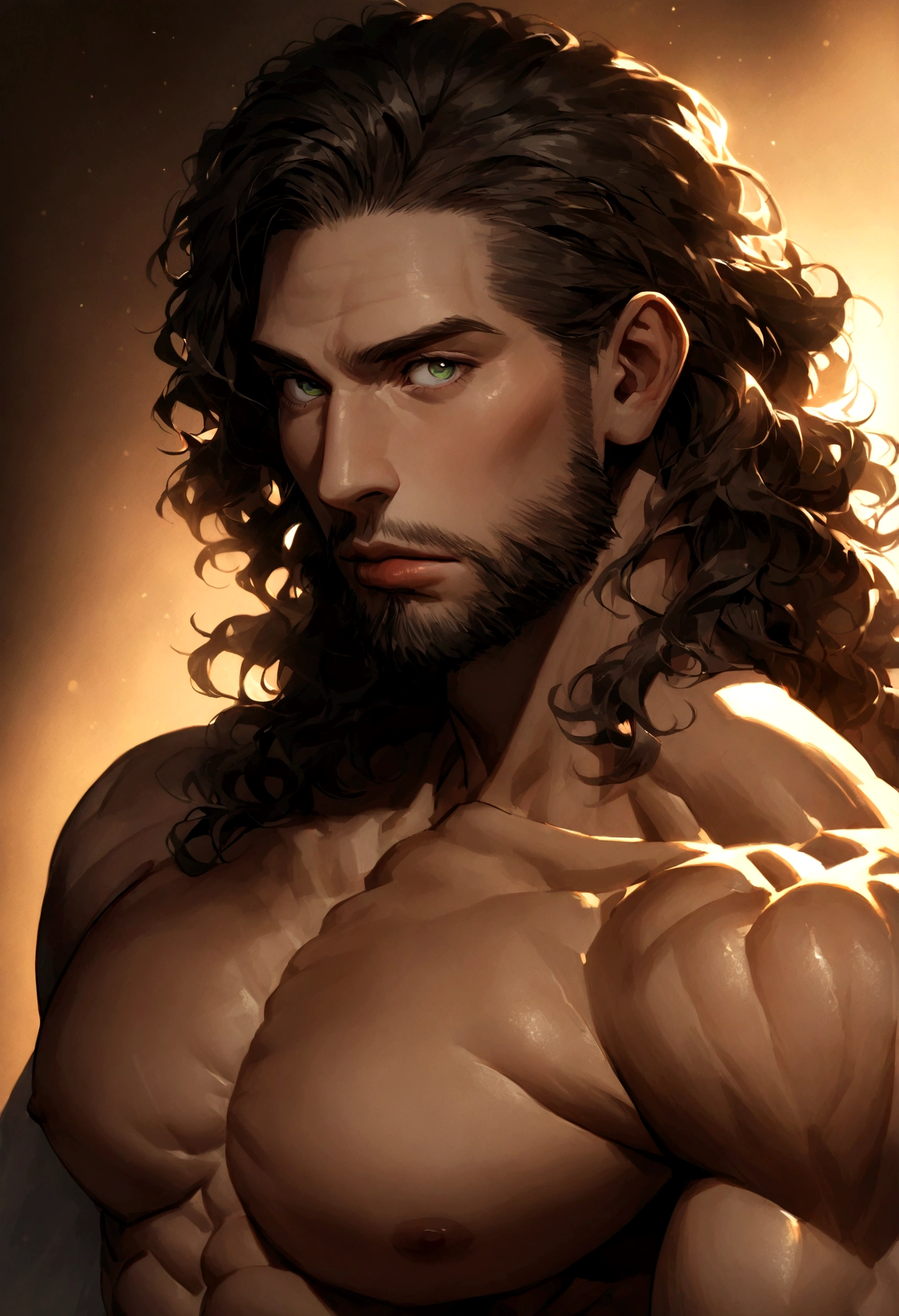 portrait of a handsome male model, 38 years old, shirtless, barechest, with beard, with wavy hair, green eyes, thick lips, defined muscles, fit, ripped body, medium shot, ultra highest detailed face, darmatic lighting, dim light