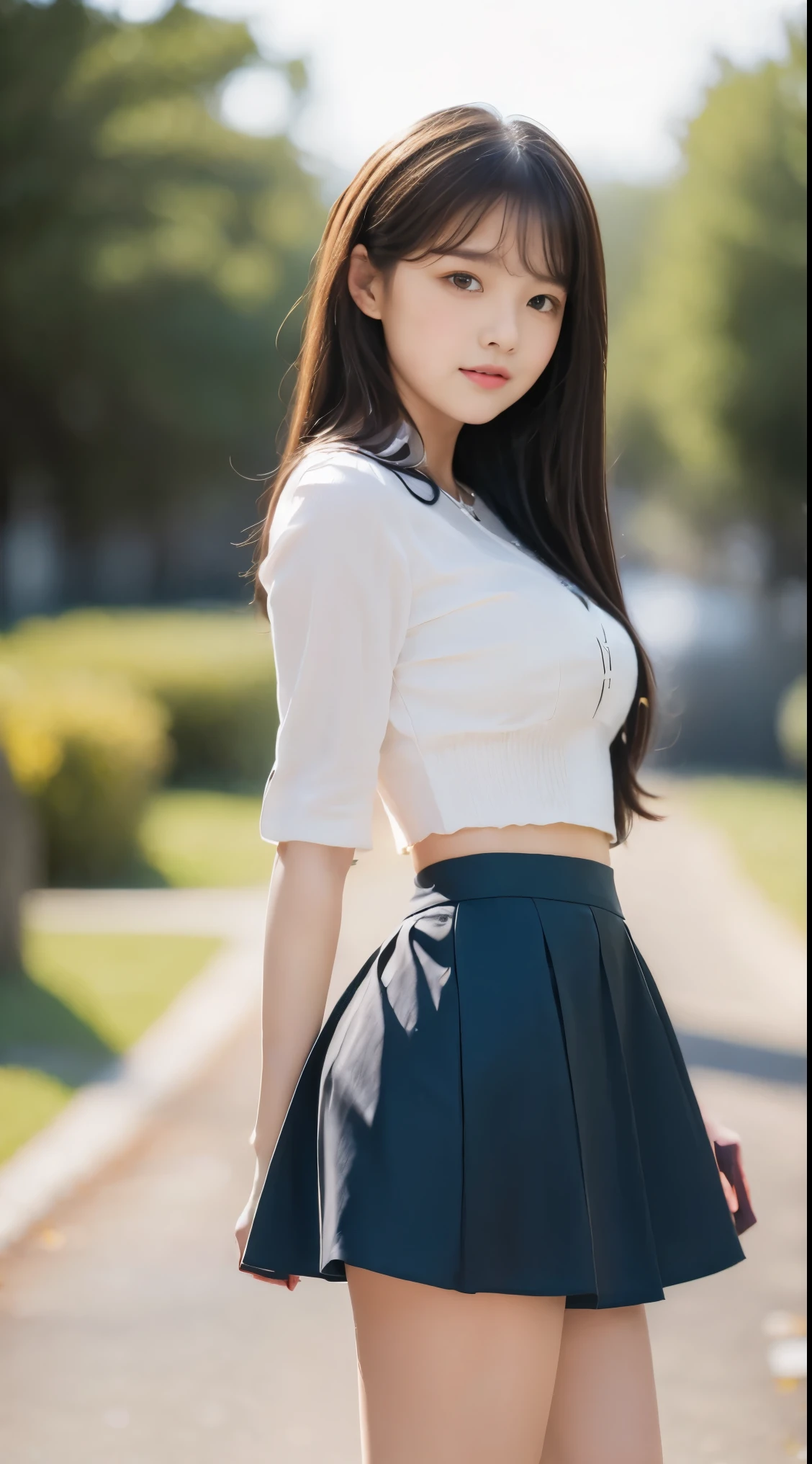 detailed,Clear lines,highest quality, masterpiece,Bright and dark light,sunset、Canon Photo Crystal Clear ,（Realistically:1.2）, (Red Casual Mini Skirt Dress)、Action pose、Take a full body photo,A sloppy smile、Glamour body type、Medium Long Hair、tunnel