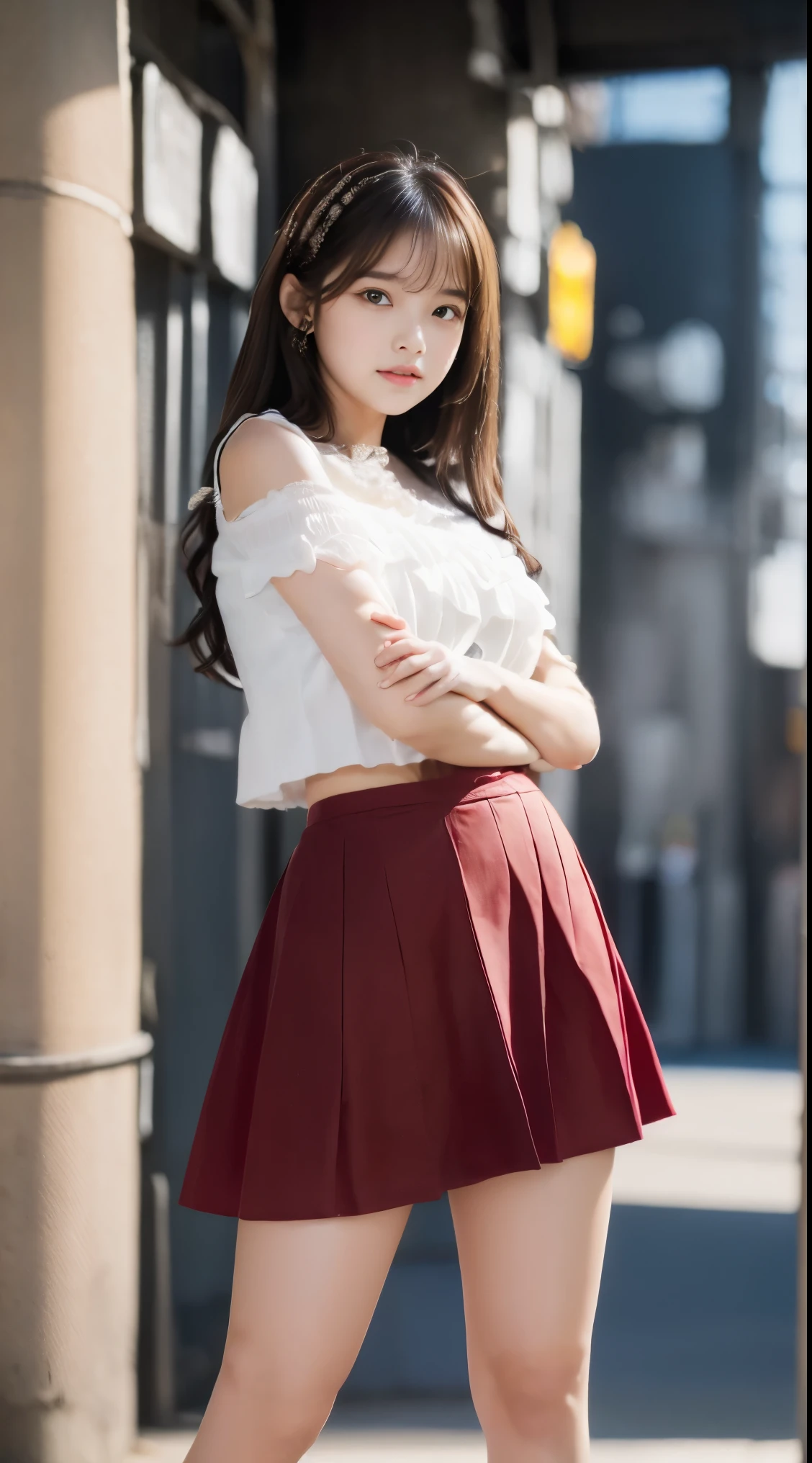 detailed,Clear lines,highest quality, masterpiece,Bright and dark light,sunset、Canon Photo Crystal Clear ,（Realistically:1.2）, (Red Casual Mini Skirt Dress)、Action pose、Take a full body photo,A sloppy smile、Glamour body type、Medium Long Hair、tunnel