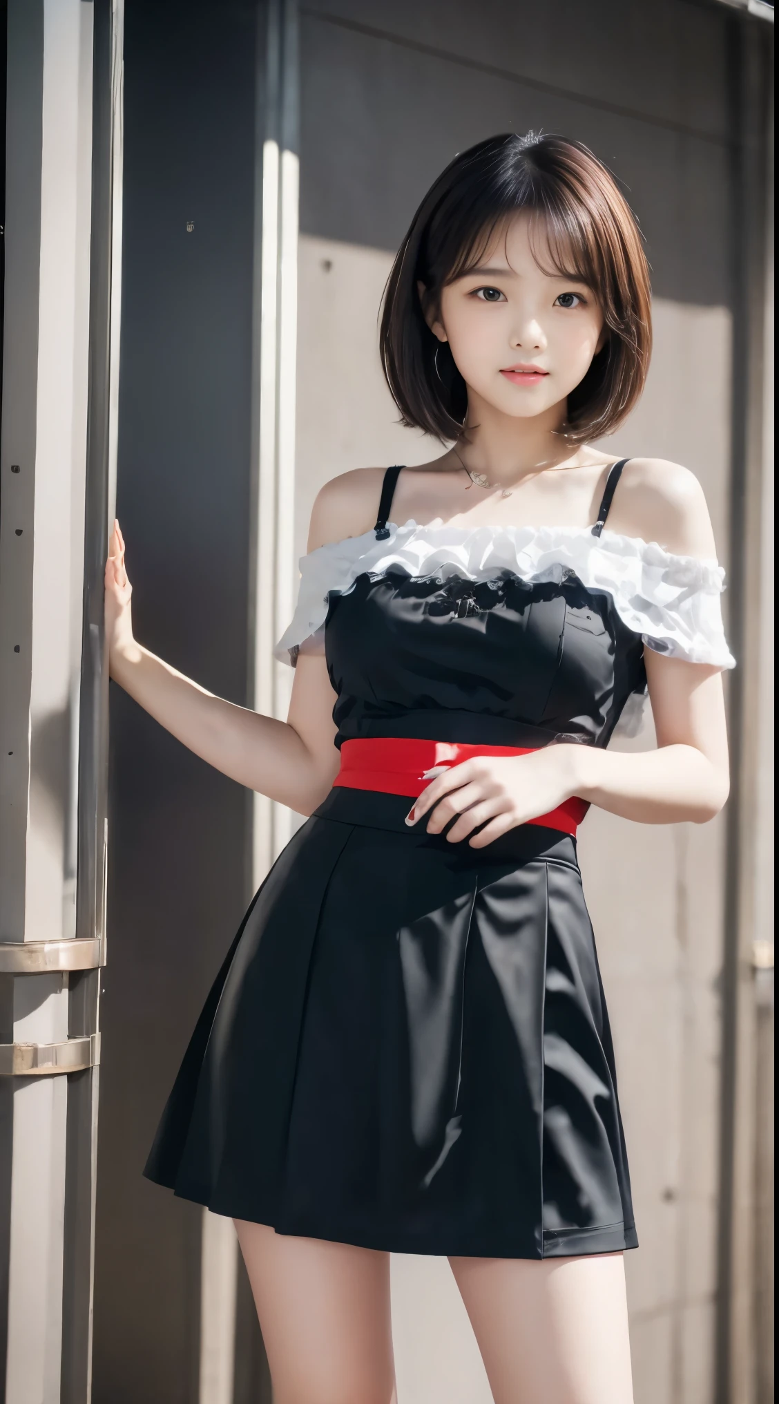 detailed,Clear lines,highest quality, masterpiece,Bright and dark light,sunset、Canon Photo Crystal Clear ,（Realistically:1.2）, (Red Casual Mini Skirt Dress)、Action pose、Take a full body photo,smile、Glamour body type、Medium Short Hair、tunnel