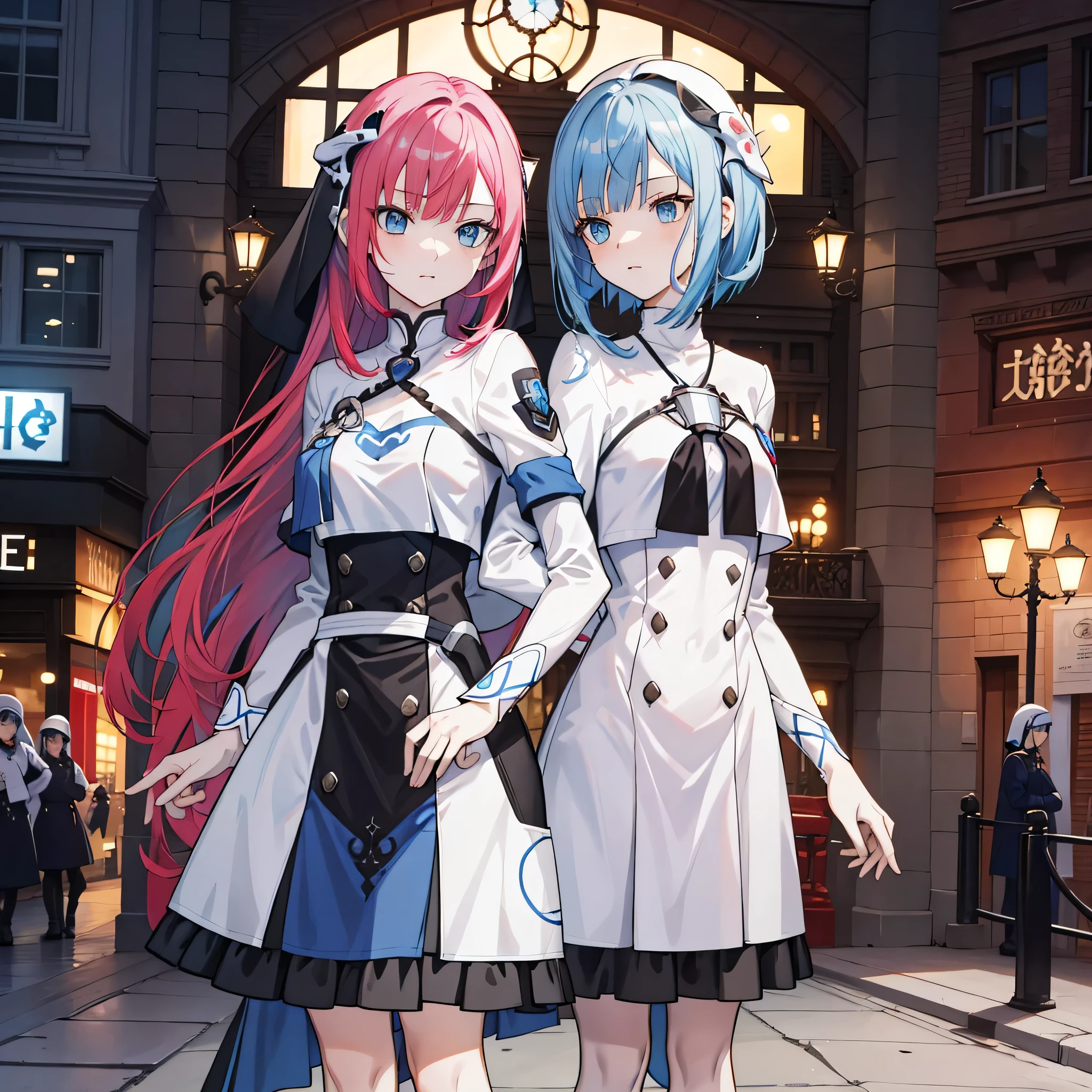 （Masterpiece, Best quality:1.2)A blue-haired，white headgear，blue eyes 1 girl，solo person，adolable，ElysiaHoH，city street background,wearing nun costume,red hair and blue hair,