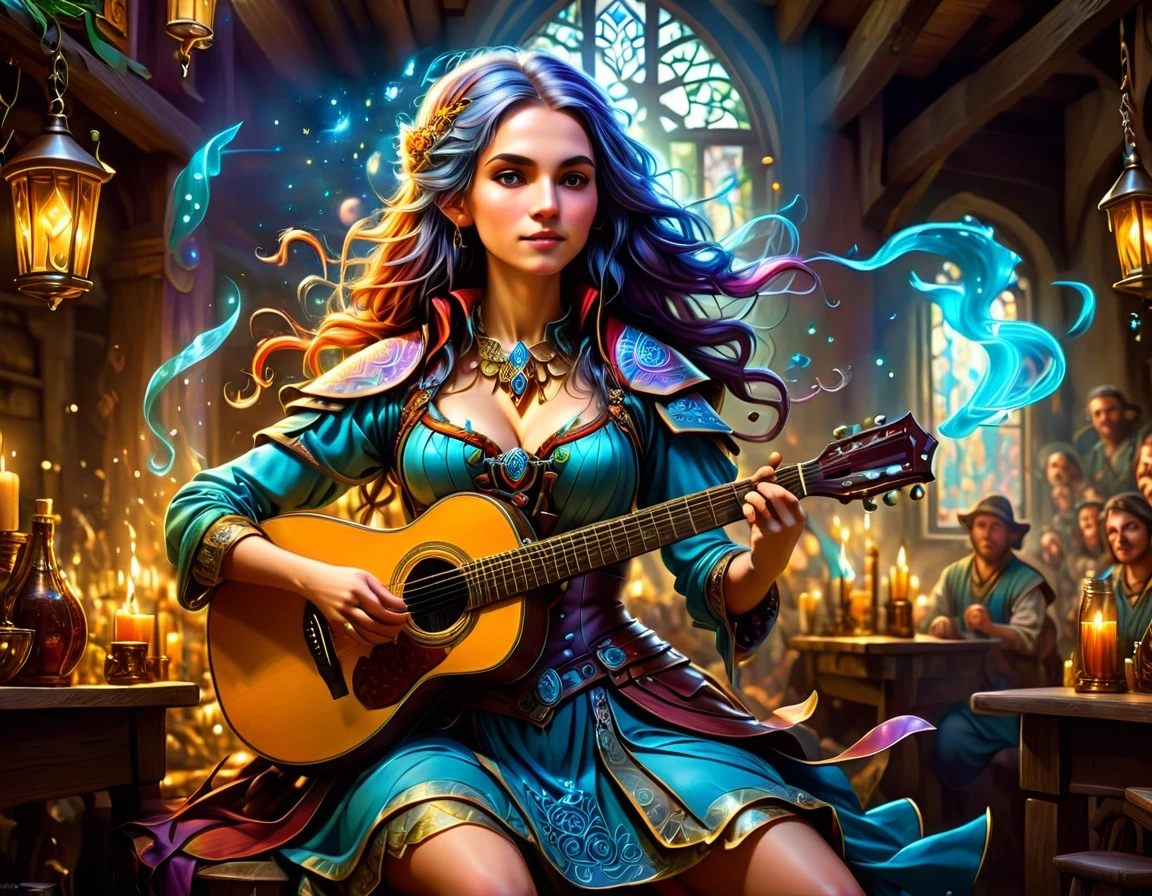 high details, best quality, 16k, [ultra detailed], masterpiece, best quality, (extremely detailed), full body, ultra wide shot, photorealistic, RAW, fantasy art, dnd art, fantasy art, realistic art,  an ultra wide, full body, a picture  of a human female  (intricate details, Masterpiece, best quality: 1.5) fantasy bard, fantasy enchanter,  playing a (guitar: 1.5)  and enchanting people in a tavern with magical song, colorful clothes, dynamic clothing, epic beautiful female human ((anatomically correct)) bard (intricate details, Masterpiece, best quality: 1.5), dynamic hair, tavern full of crowd, many people intricate details, Masterpiece, best quality: 1.3), bard playing guitar and enchanting audience (intricate details, Masterpiece, best quality: 1.5), candles light, fantasy chandelier, magical notes, magical runes in the air (intricate details, Masterpiece, best quality: 1.5),Cinematic Hollywood Film style, GlowingRunesAI_paleblue, Anime Studio Trigger