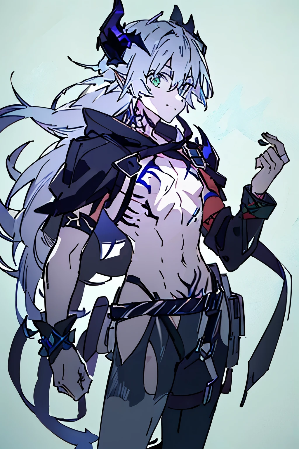 an anime man 1.80 tall (long silver hair) with (green eyes) with (a scar on his forehead in x) and (several tattoos on his body with a blue color but the most striking is one that resembles a dragon in your back) 

clothes (he wears a torn cloak and a chest piece together and shoulder pads made of old plates with a symbol of two dragons)

your weapon (it's a bow made of black steel with blue runes that attach to a blue stone in the middle of the bow)