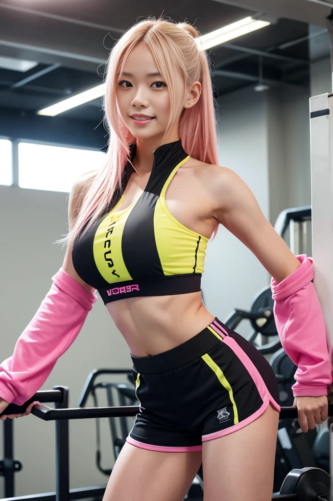 Tall sporty Japanese model、bright smile、、、whole body、very long stylish hair、、、dramatic pose、Good style、、、、、、、、Fluorescent pink and yellow tight shorts costume、strapless top、、Pink Blonde Hair、、、cyber belt、large very detailed training gym background