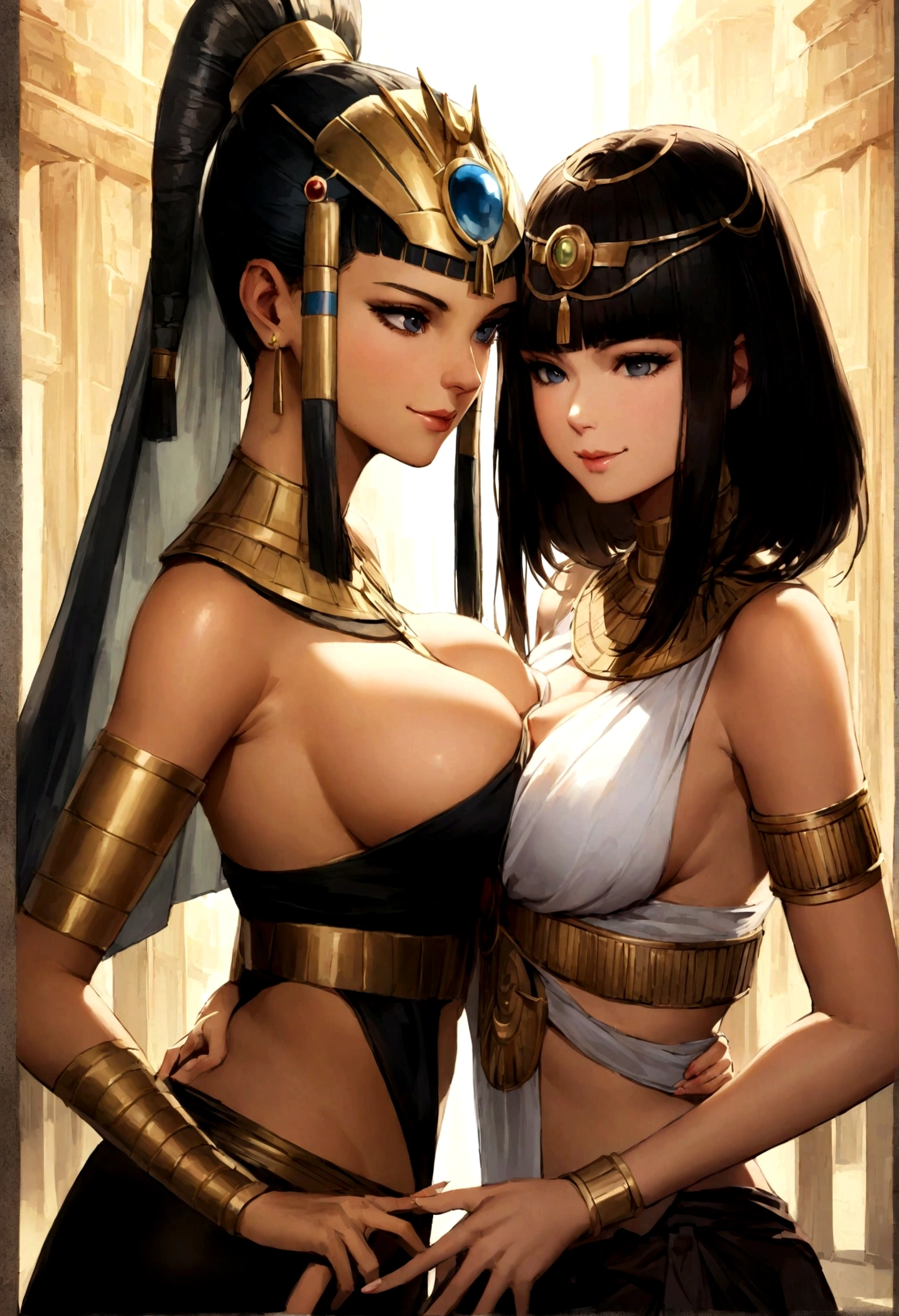 realisticlying、Ancient Egypt、Two girls in Cleopatra style are approaching each other's breasts、Clothing in the time of the pharaohs、Put a little emphasis on the valley、Face Real、A sexy、Face smile、Breasts enlarged, one with long blonde hair and the othe other with short and black hair in an egyptian hairstyle