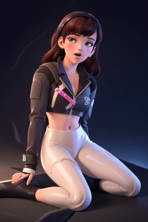 Masterpiece, Best Quality, High Resolution, 1Girl, Ultra High Resolution, Solo D.VA, Headphones, Pink eyes, Brown Hair, White Gloves, Face Decoration, Full Body Shot, Cute, Realistic, Cute Pose, Perfect Body, Cyber Punk background, wet street, Crop Top, Latex leggings, nsfw, cum, sexy, ahegao 