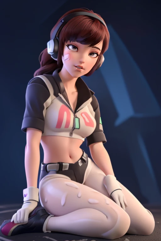 Masterpiece, Best Quality, High Resolution, 1Girl, Ultra High Resolution, Solo D.VA, Headphones, Pink eyes, Brown Hair, White Gloves, Face Decoration, Full Body Shot, Cute, Realistic, Cute Pose, Perfect Body, Cyber Punk background, wet street, Crop Top, Latex leggings, nsfw, cum, sexy, ahegao 