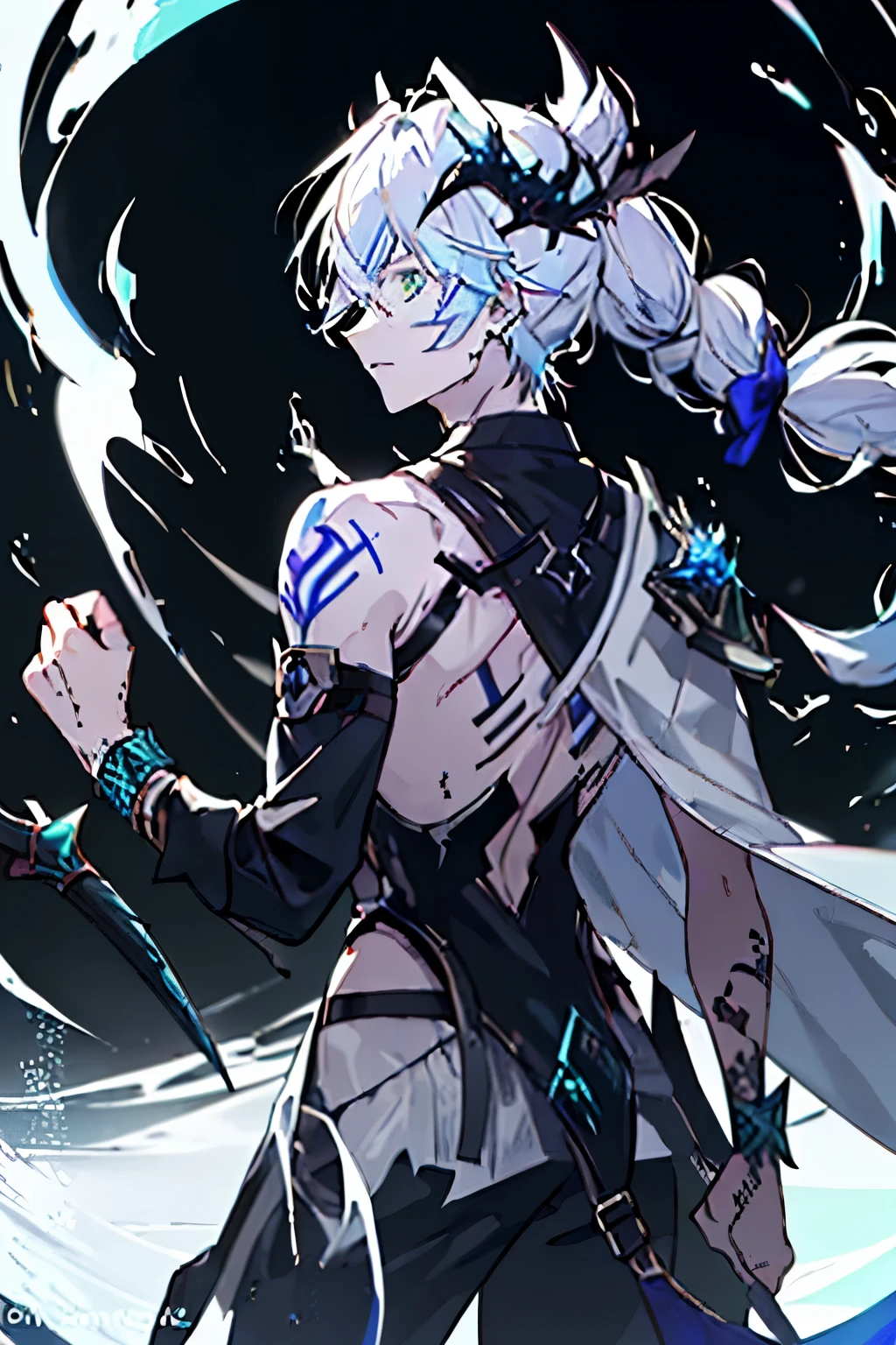 an anime man 1.80 tall (long silver hair) with (green eyes) with (a scar on his forehead in x) and (several tattoos on his body with a blue color but the most striking is one that resembles a dragon in your back) 

clothes (he wears a torn cloak and a chest piece together and shoulder pads made of old plates with a symbol of two dragons)

your weapon (it's a bow made of black steel with blue runes that attach to a blue stone in the middle of the bow)