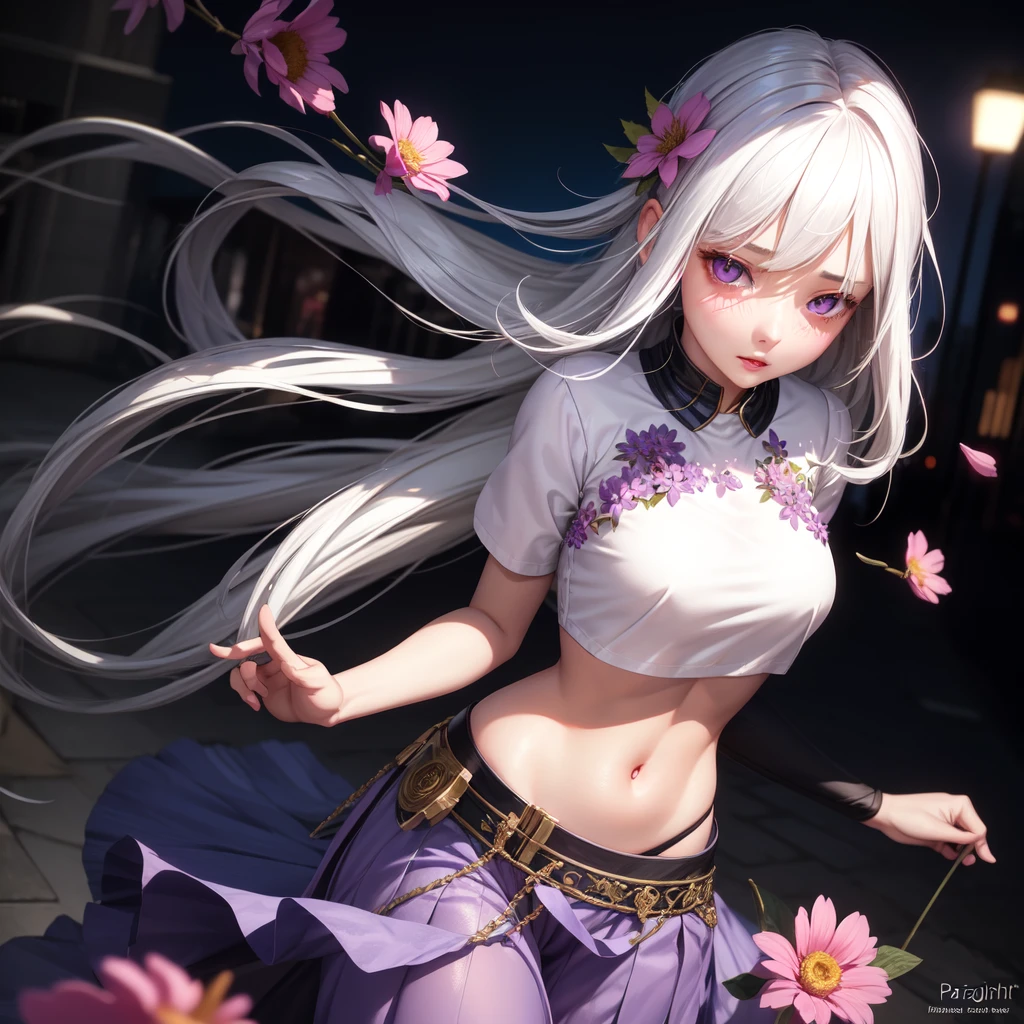 realistic, 1girl, white hair, purple eyes, glowing eyes, crop top, skirt, parted lips, blush, night, flowers, sun, sunlight,