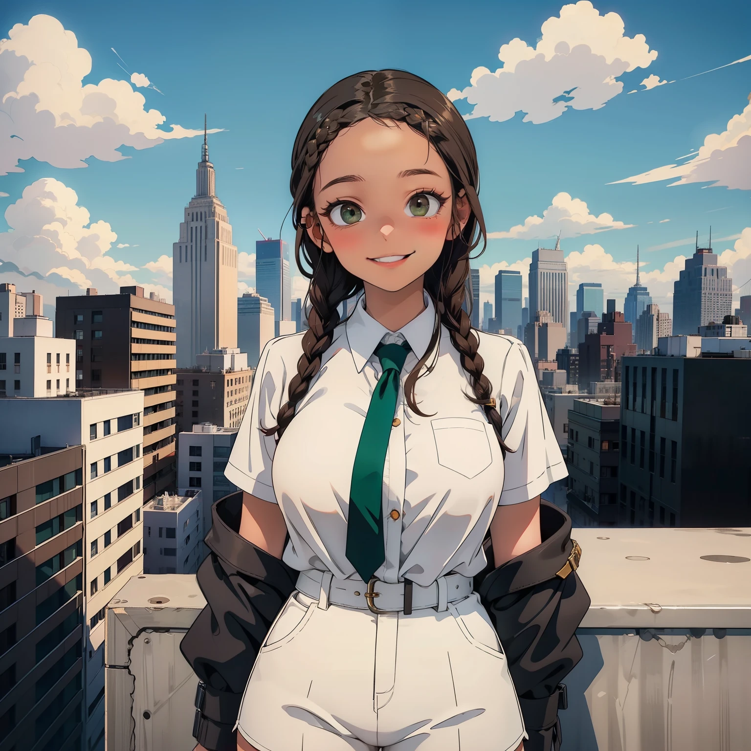 Girl with black skin, braided brown hair, green eyes, smiling, white shorts, black strap blouse, on a rooftop, nyc skyline in the background, blue skies big clouds. Box braids