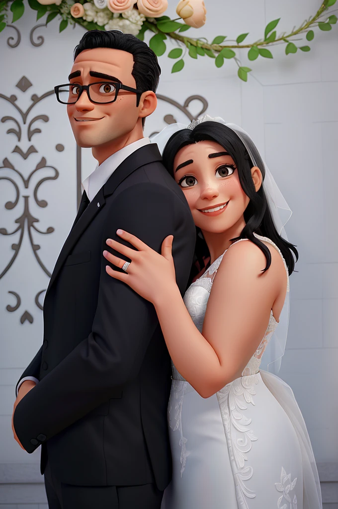 A man with in a black suit short hair, and a woman with black hair dressed in a wedding white dress. They até both smiling at the photography. The man wears a glass, the woman don't