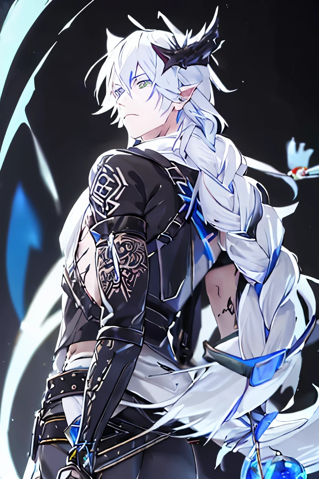 an anime man 1.80 tall (long silver hair) with (green eyes) with (a scar on his forehead in x) and (several tattoos on his body with a blue color but the most striking is one that resembles a dragon in your back) 

clothes (he wears a torn cloak and a chest piece together and shoulder pads made of old plates with a symbol of two dragons)

your weapon (it's a bow made of black steel with blue runes that attach to a blue stone in the middle of the bow)