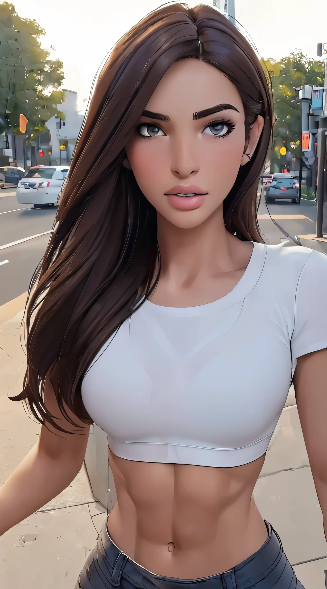 ((Realistic lighting, Best quality, 8K, Masterpiece: 1.3)), Clear focus: 1.2, 1girl, Perfect Figure: 1.4, Slim Abs: 1.1, ((Dark brown hair)), (White crop top: 1.4), (Outdoor, Night: 1.1), City streets, Super fine face, Fine eyes, Double eyelids, epic breasts, muscular