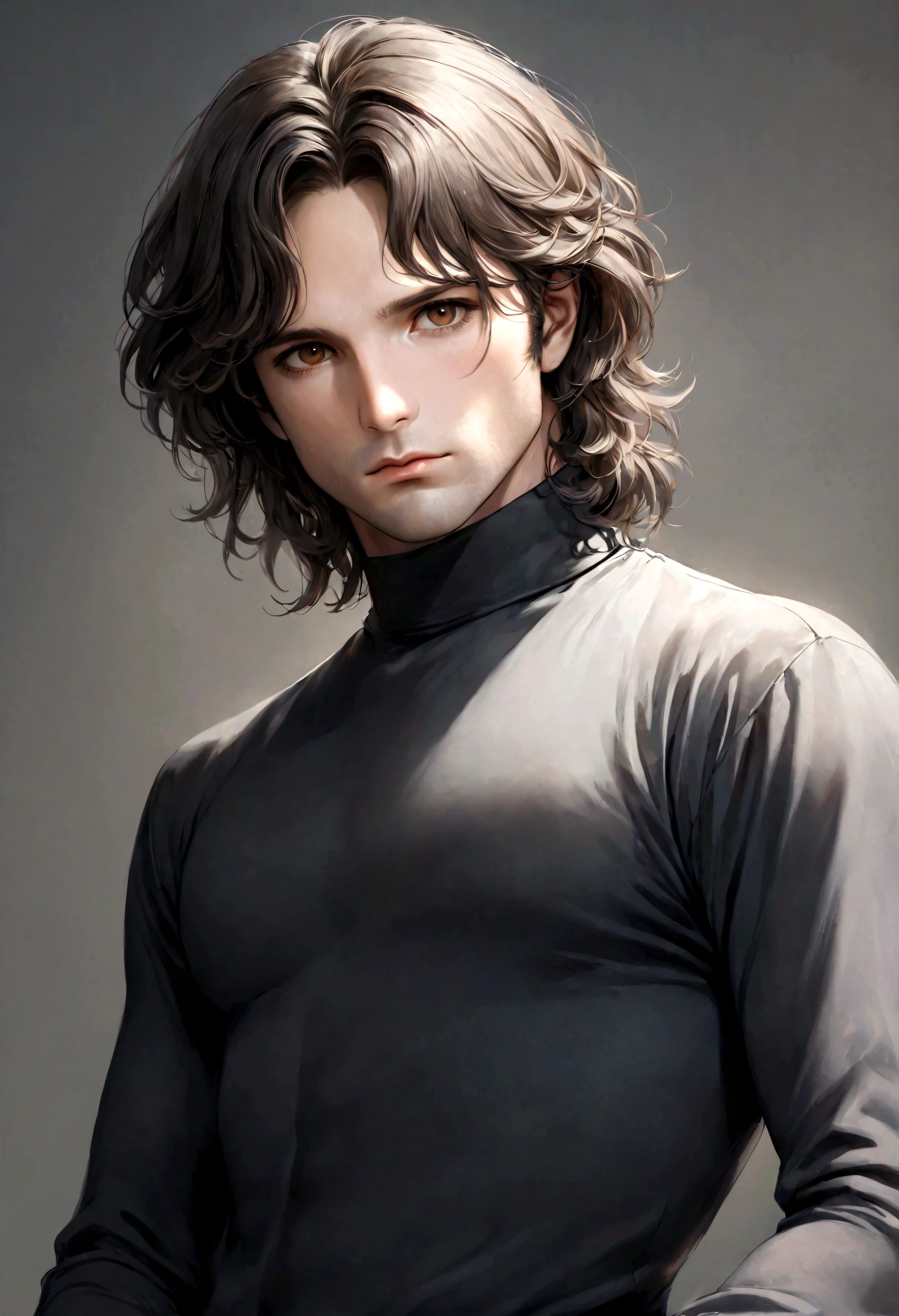 (traje de etiqueta para hombre), ), (con barba estilo candado,) (light brown eyes), Aspecto atractivo y serio, cabello oscuro, Elegante y con estilo, Camiseta de cuerpo fuerte , Un hombre similar al actor Jim Morrison, (Imagen realista y de alta calidad), Apartamento escandinavo en el fondo simple de un cuarto, ((La mejor calidad, 8K, obra maestra).((pose dinamica))