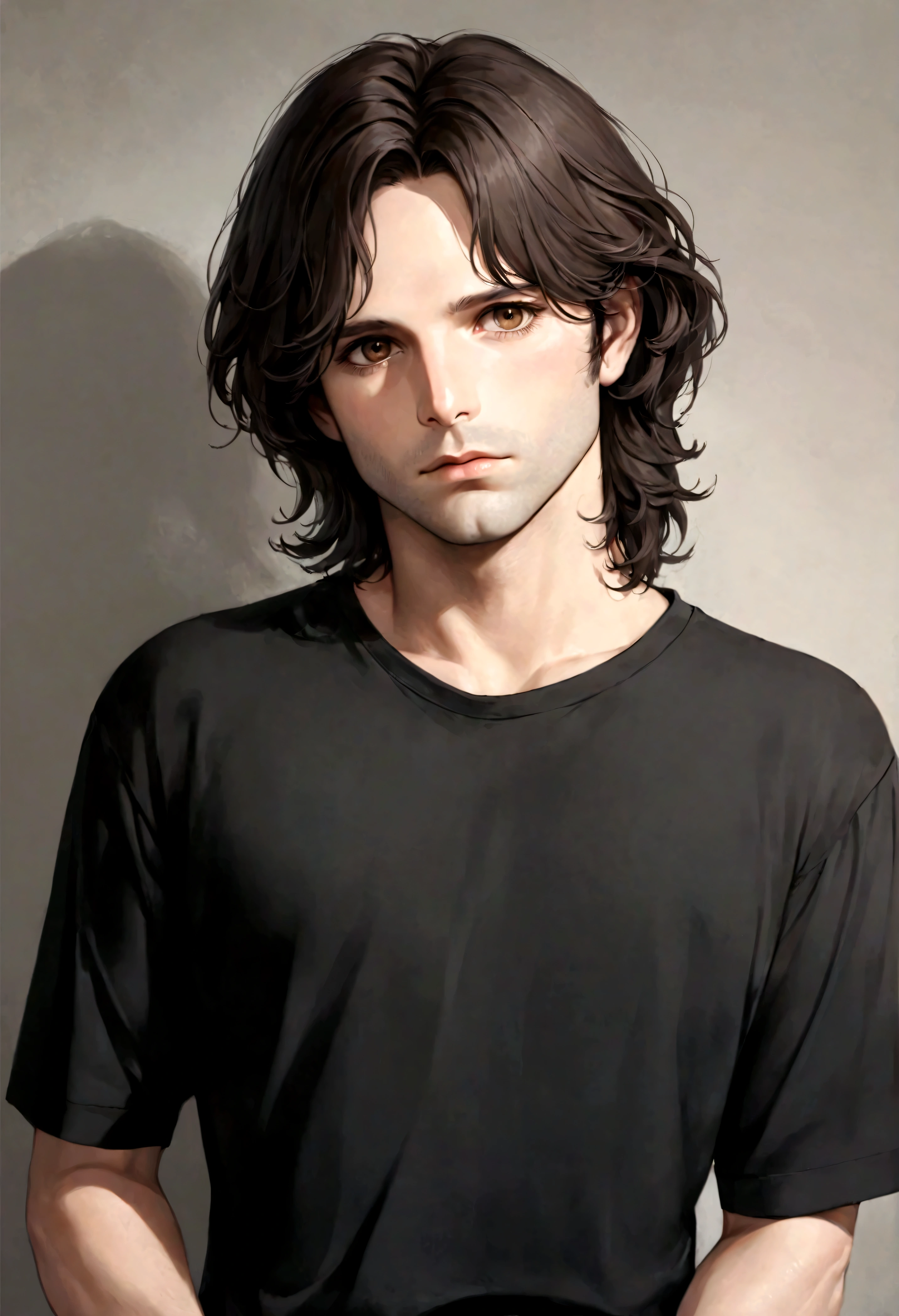 (traje de etiqueta para hombre), ), (con barba estilo candado,) (light brown eyes), Aspecto atractivo y serio, cabello oscuro, Elegante y con estilo, Camiseta de cuerpo fuerte , Un hombre similar al actor Jim Morrison, (Imagen realista y de alta calidad), Apartamento escandinavo en el fondo simple de un cuarto, ((La mejor calidad, 8K, obra maestra).((pose dinamica))
