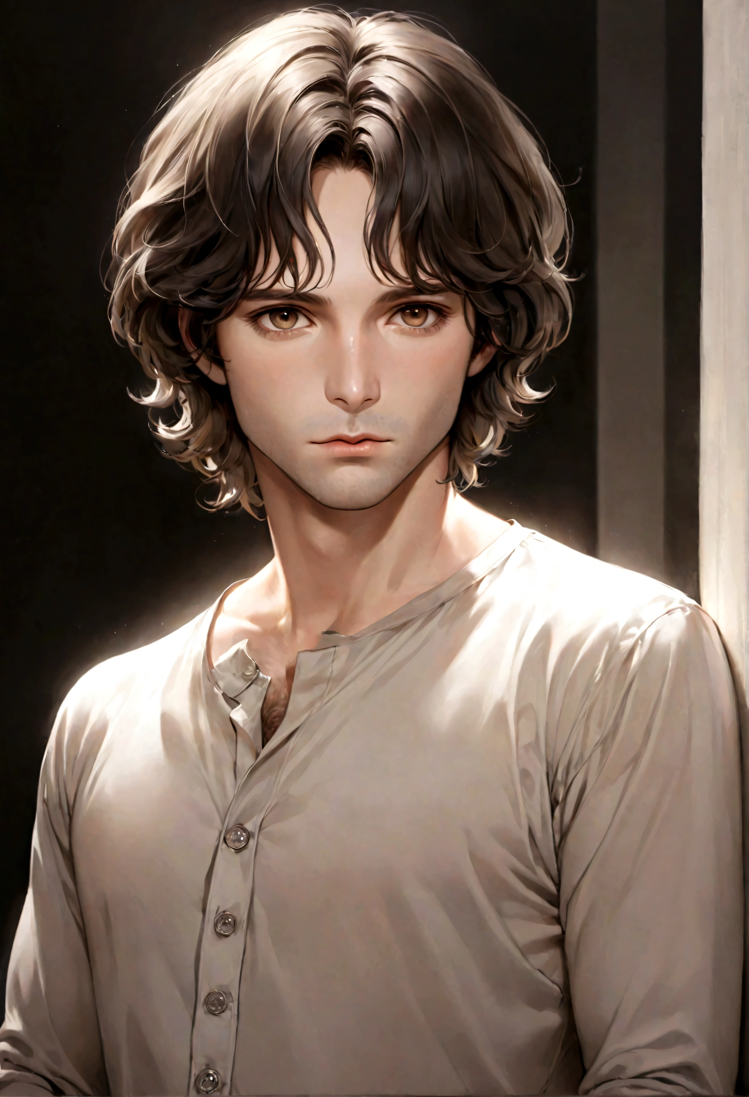 (traje de etiqueta para hombre), ), (con barba estilo candado,) (light brown eyes), Aspecto atractivo y serio, cabello oscuro, Elegante y con estilo, Camiseta de cuerpo fuerte , Un hombre similar al actor Jim Morrison, (Imagen realista y de alta calidad), Apartamento escandinavo en el fondo simple de un cuarto, ((La mejor calidad, 8K, obra maestra).((pose dinamica))