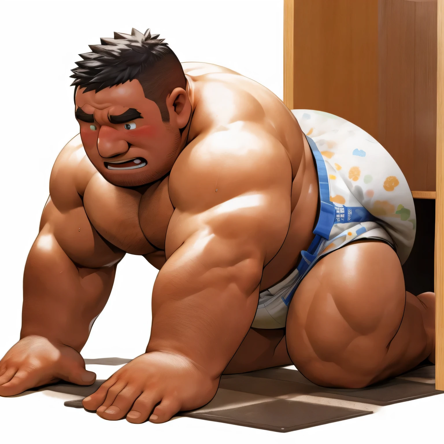 masterpiece, Top quality, in 32K, perfect anatomy, hyper detailed, super fine illustration, The thick man is a brutal prisoner, retarded, hairy human, 50yo in Japan, (fatness: 1.0), Fatty muscle, Bowleg, disappointment, incontinent, be diaper check by children, waddle, There is a small puddle under him, incontinent, Naked, short legs, Bowleg, spread legs, wear a White cloth Diaper, Bare belly, Bare legs, Bare foots, Bare soles, Shirtless, wide forehead and short thinning hair, Man with round face with stubble, Bare foots, Bare soles, shy, sissy, Weaker than children, Drool, Round face, steams, Solo, He enters  and is despised by children, He surrounded by children, His bottom is wet, Bare foots, big butt, he is scolded by the children, White Diaper, He surrounded by children, sobbing, wear a White cloth Diaper, shirtless, There is a small puddle under him, He enters nursery school and is despised by children, big butt, sobbing, He crawling to go to children, on all fours, side view