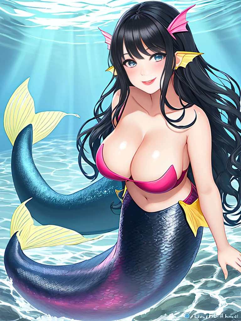 1girl, dark girl, mermaid, long hair, black hair, blue eyes, red lips, pink eyeshadow, smile, blush, happy face, full body, large breasts, mature female, underwater, yellow mermaid tail,